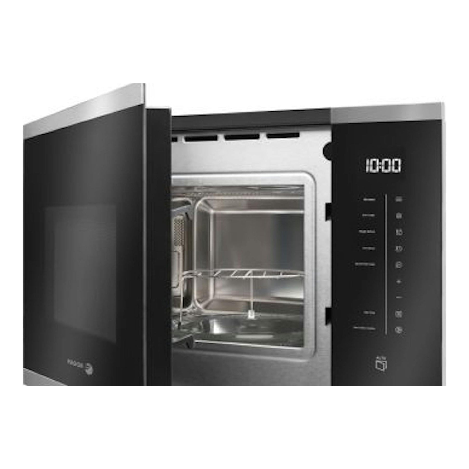Microondas integrable Fagor 4MWB-25BTCGX, vista frontal, en inox y negro, con puerta abierta y panel digital.