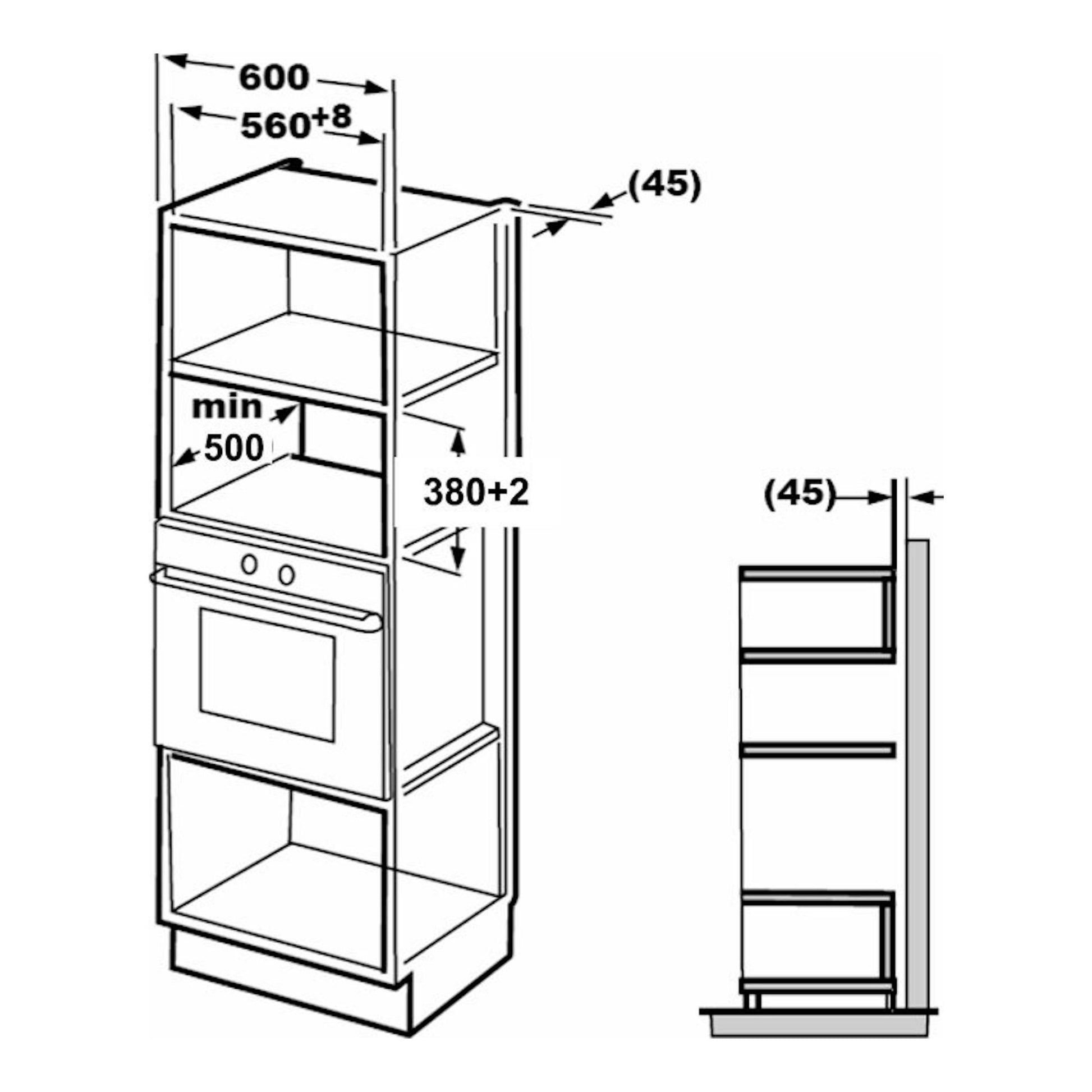 Esquema en blanco y negro de microondas integrable Fagor 4MWB-34MTCGN en mueble, vista frontal y lateral.
