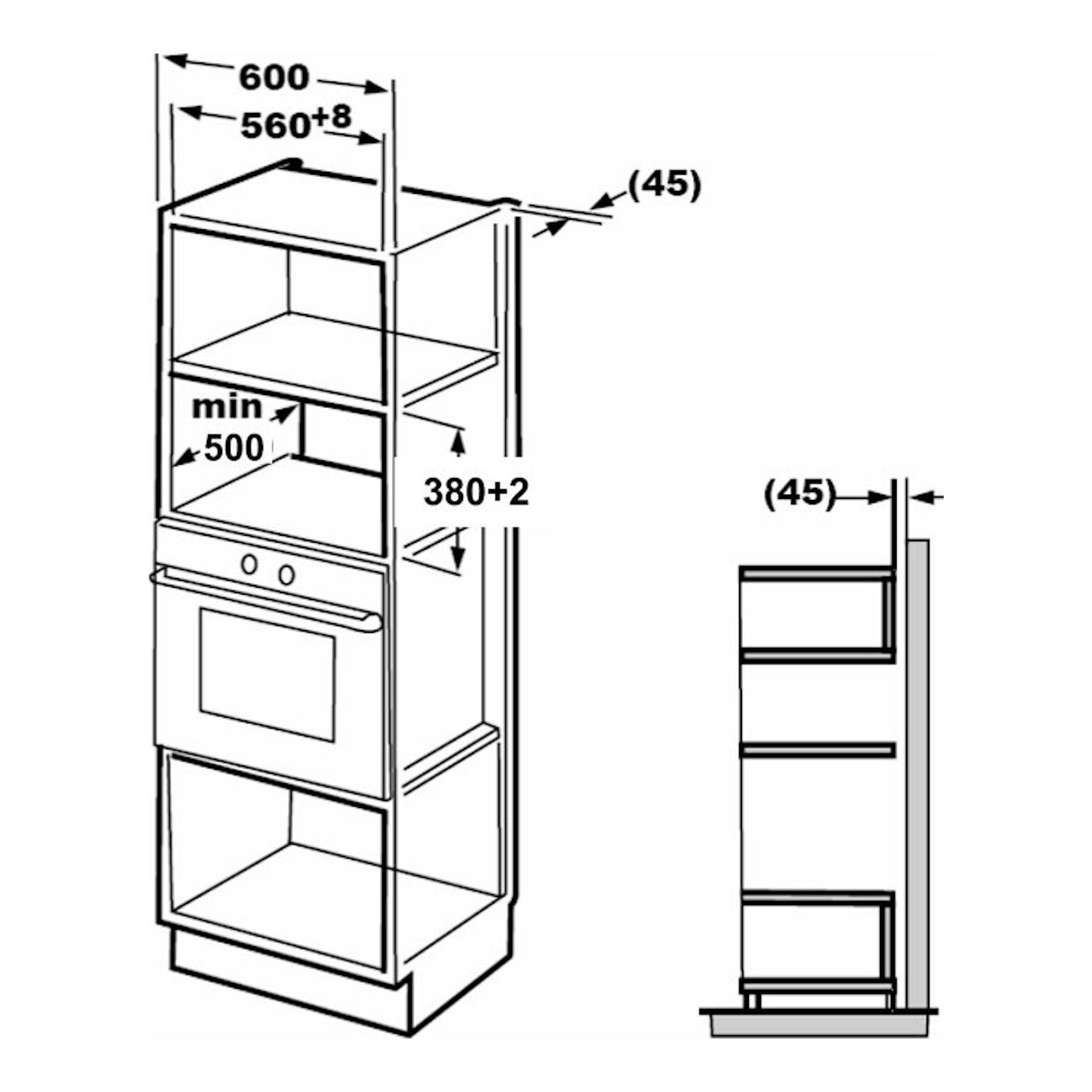 Esquema en blanco y negro de microondas integrable Fagor 4MWB-34MTCGN en mueble, vista frontal y lateral.