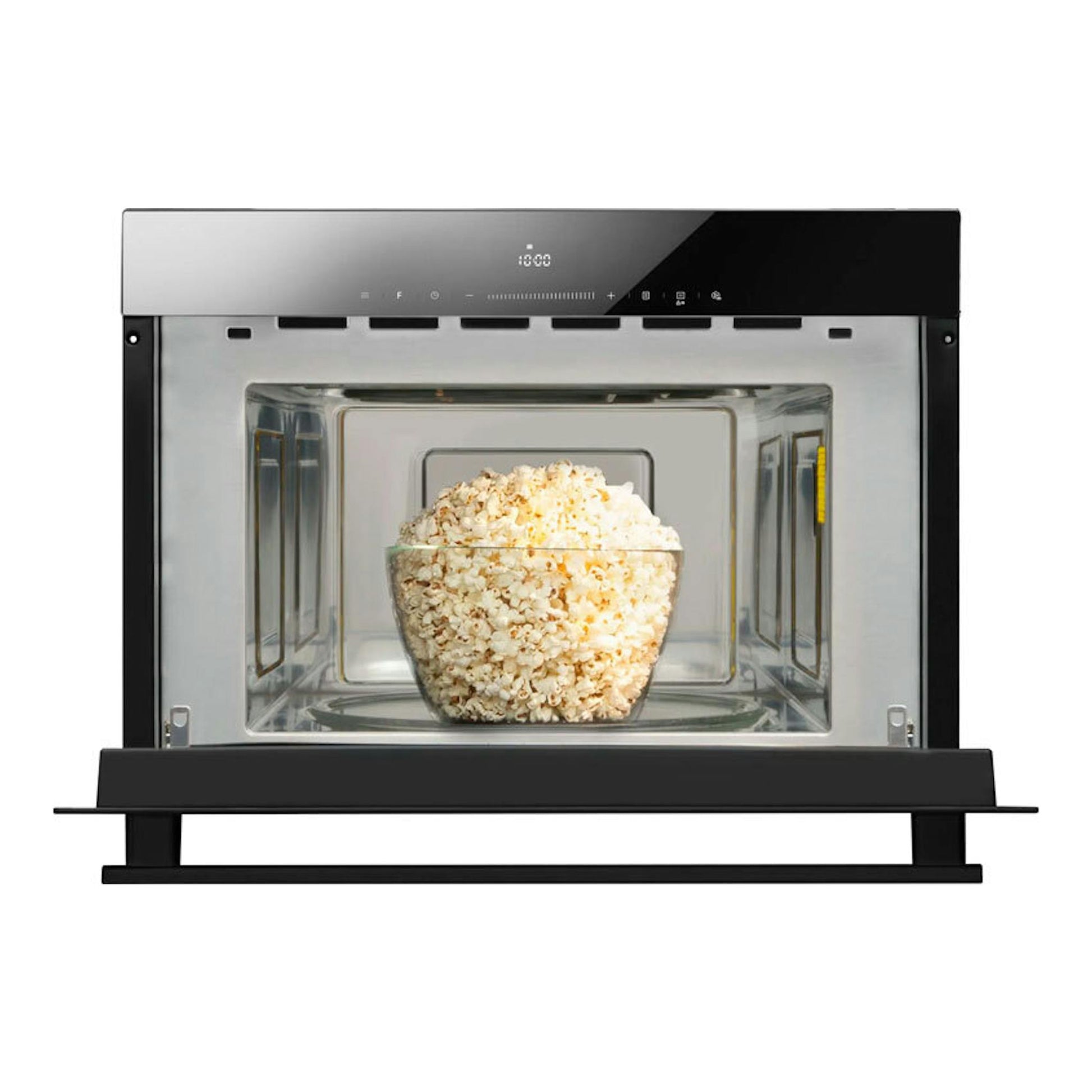 Microondas integrable Fagor 4MWB-34MTCGN negro, vista frontal con puerta abierta y bol de palomitas.