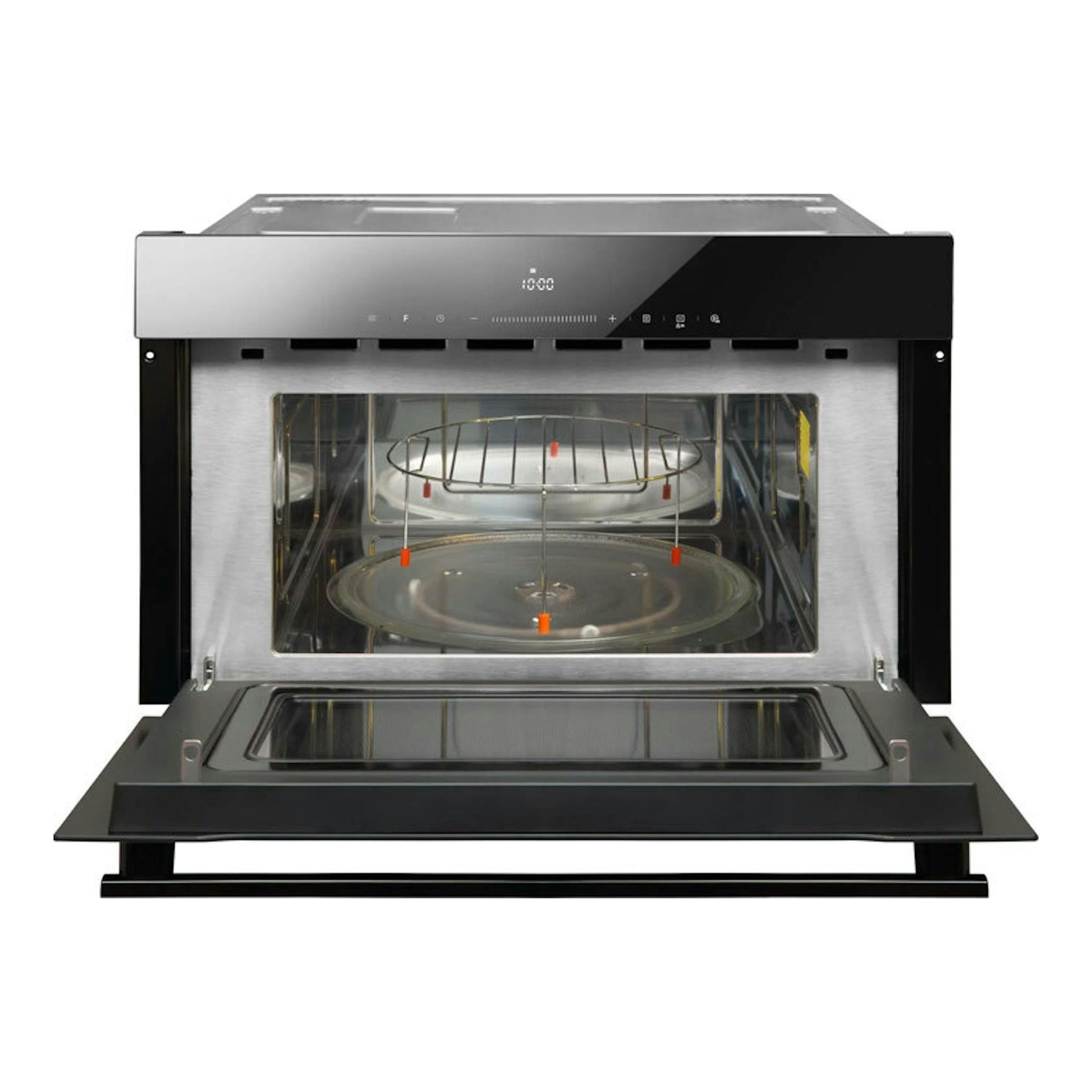 Microondas integrable Fagor 4MWB-34MTCGN negro, vista frontal con puerta abatida y cavidad interior visible.