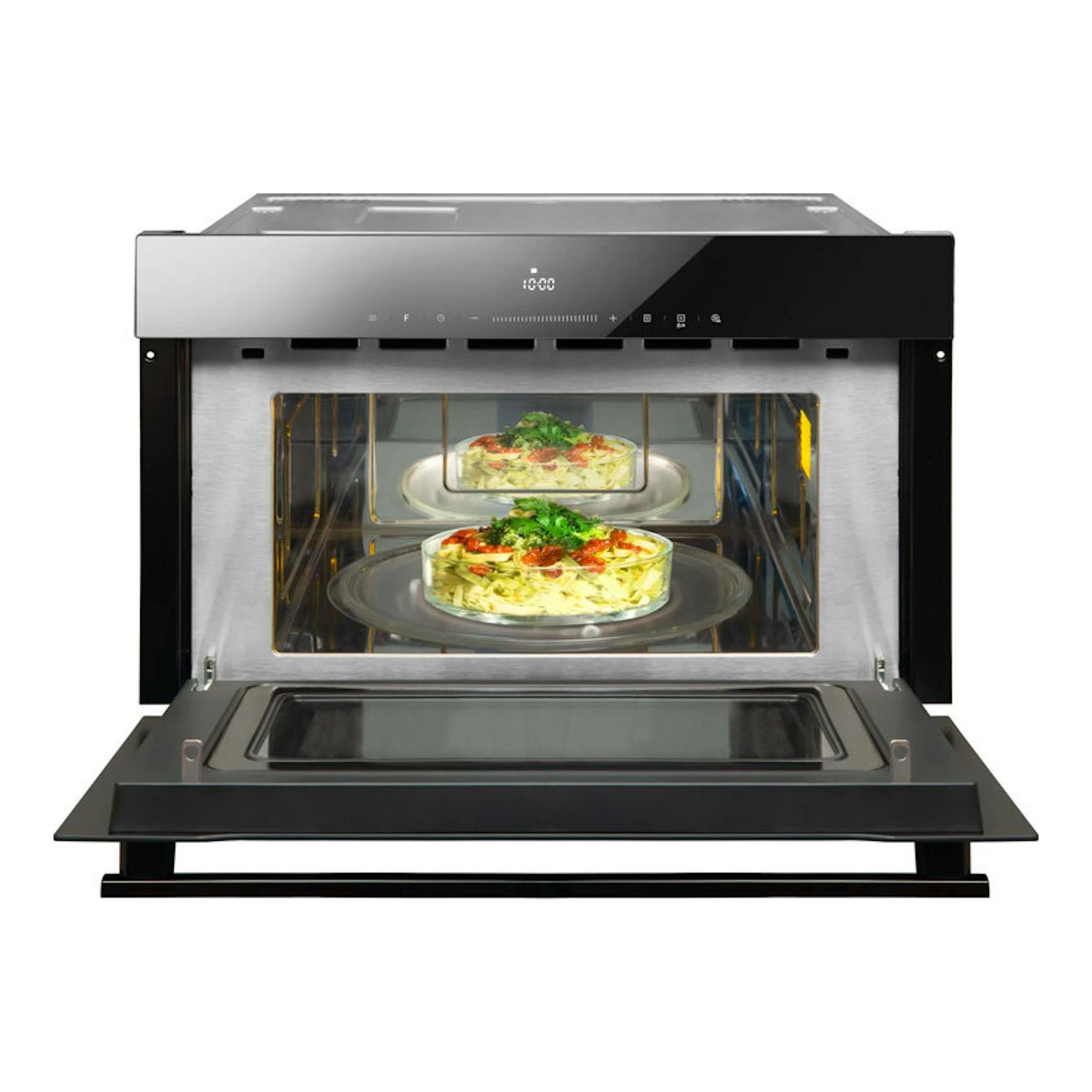 Microondas integrable Fagor 4MWB-34MTCGN de cristal negro, vista frontal con puerta abierta.