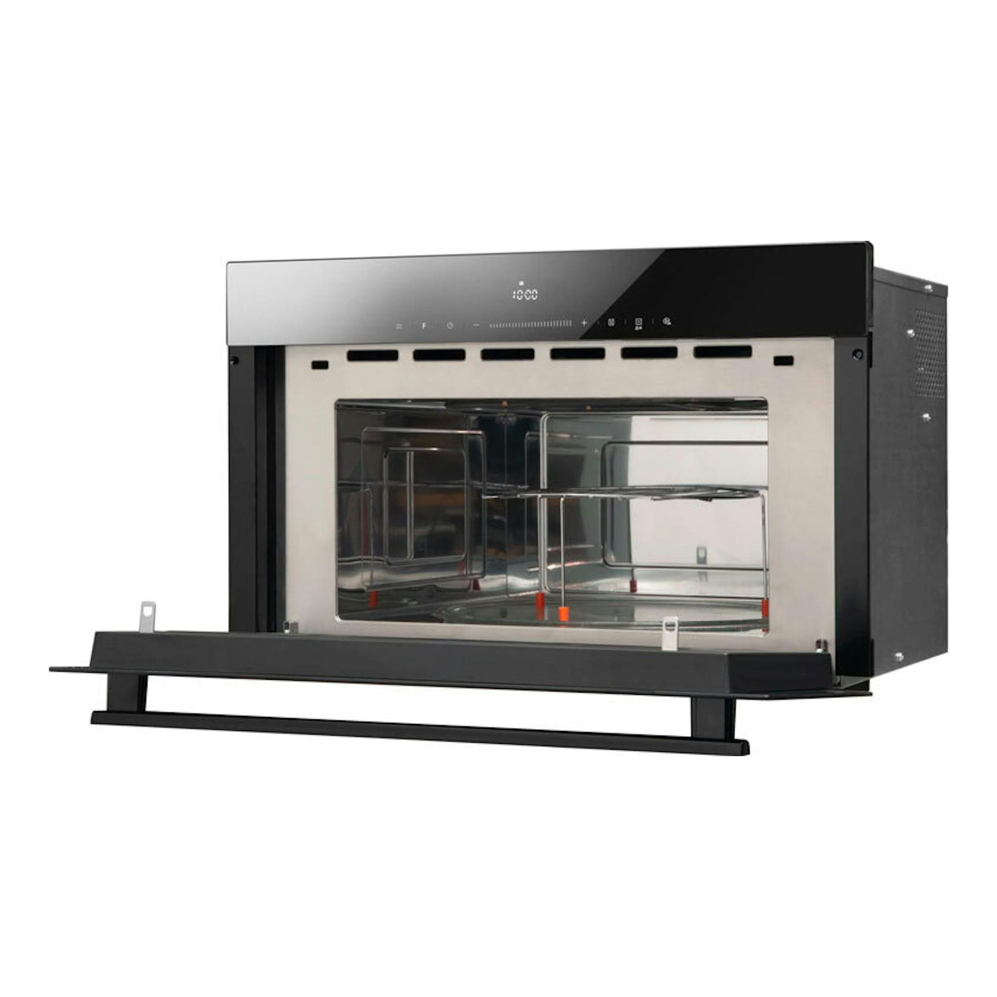 Microondas integrable Fagor 4MWB-34MTCGN, frontal negro cristal, puerta abatida y cavidad interior visible.