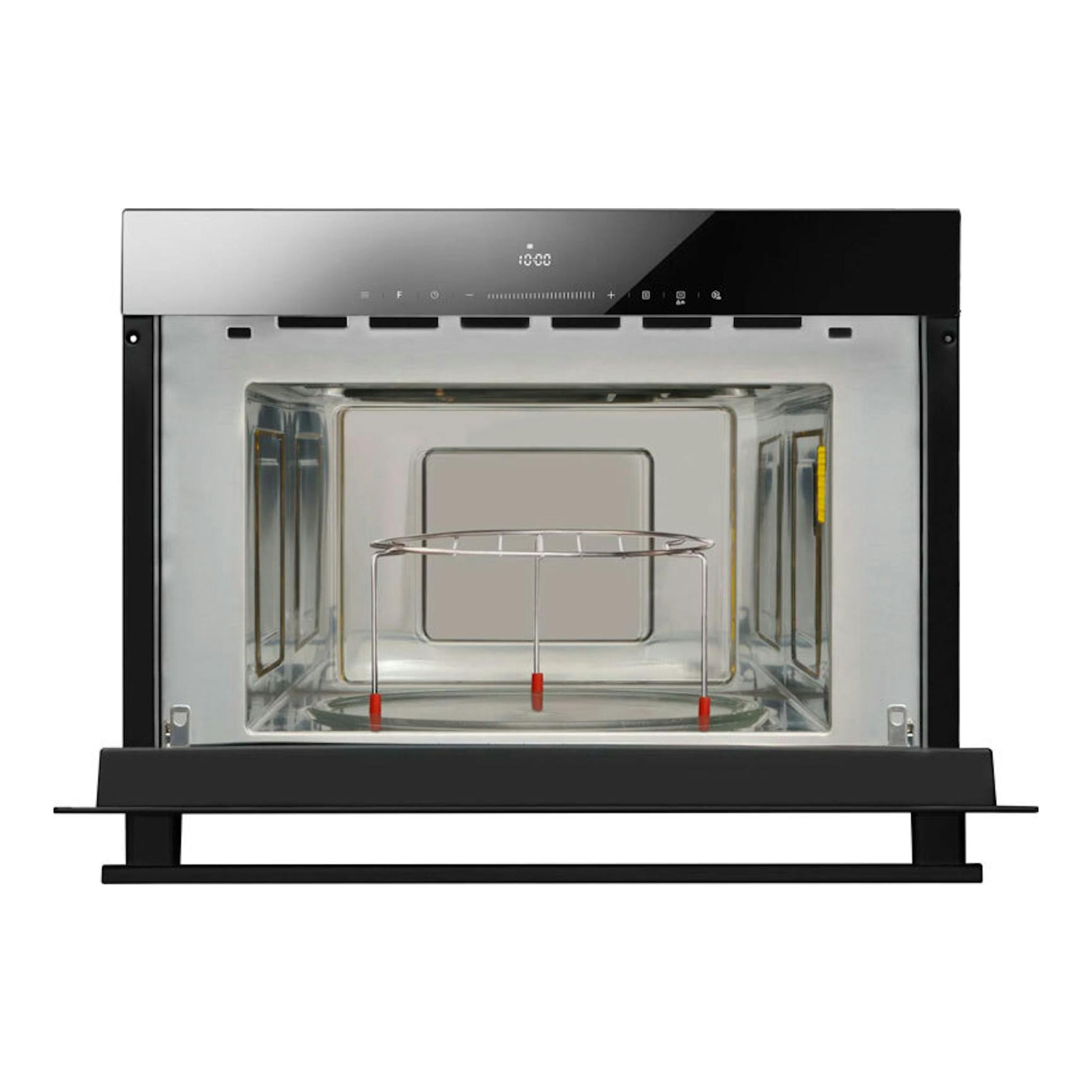Microondas integrable Fagor 4MWB-34MTCGN de cristal negro, vista frontal con la puerta abierta.