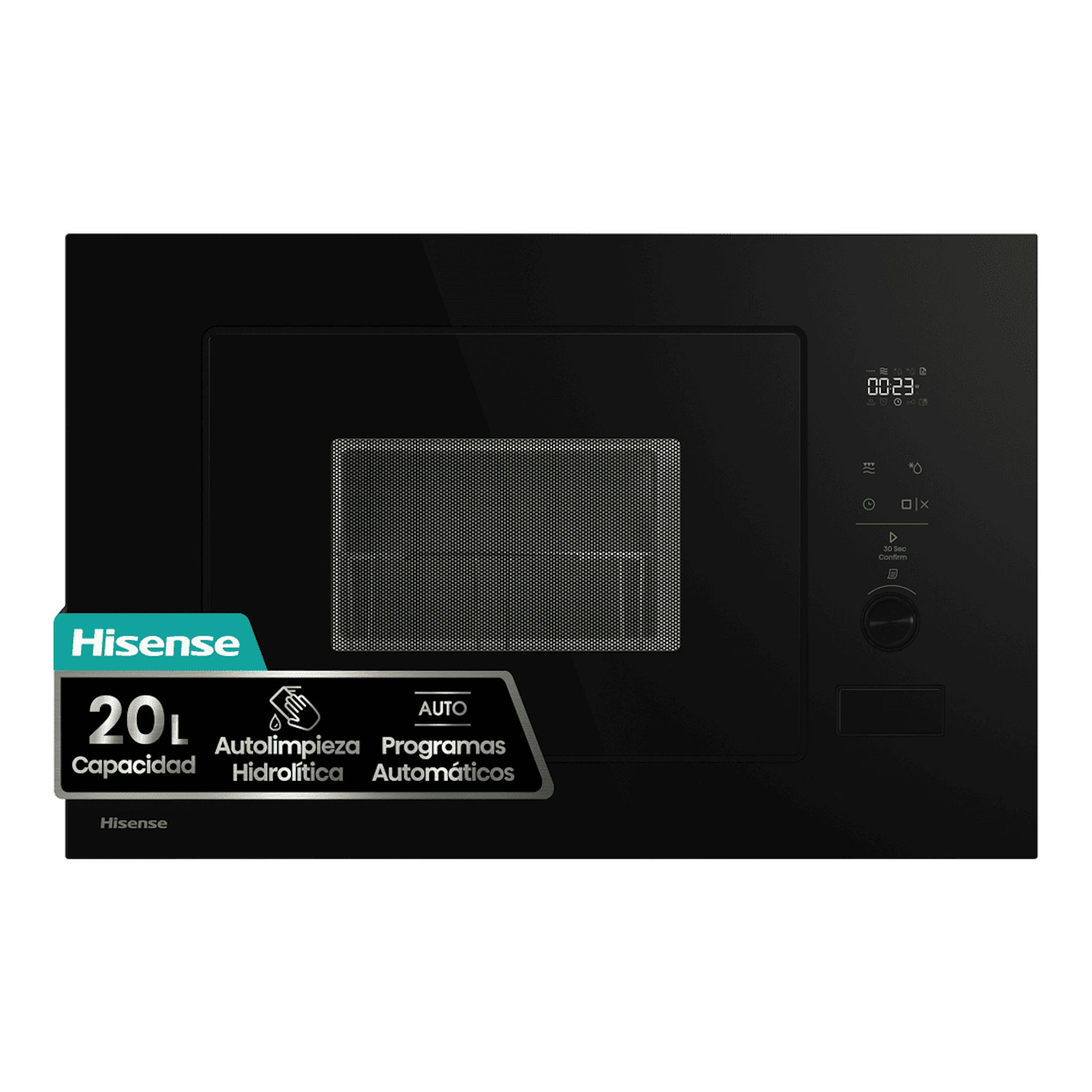 Microondas integrable Hisense BIM320G52BG negro con puerta de cristal y panel de control lateral.