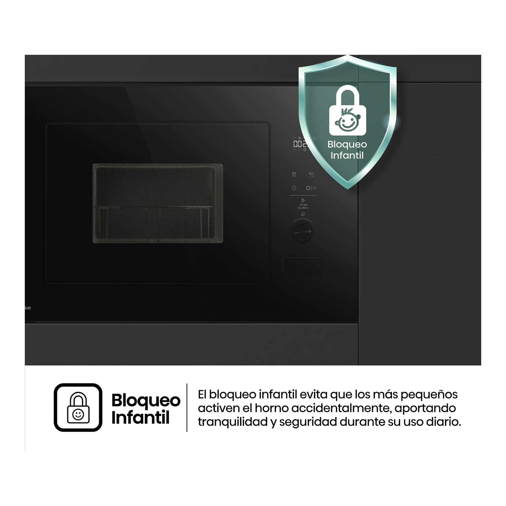 Microondas integrable Hisense BIM320G52BG negro, vista frontal, con panel táctil y bloqueo infantil.
