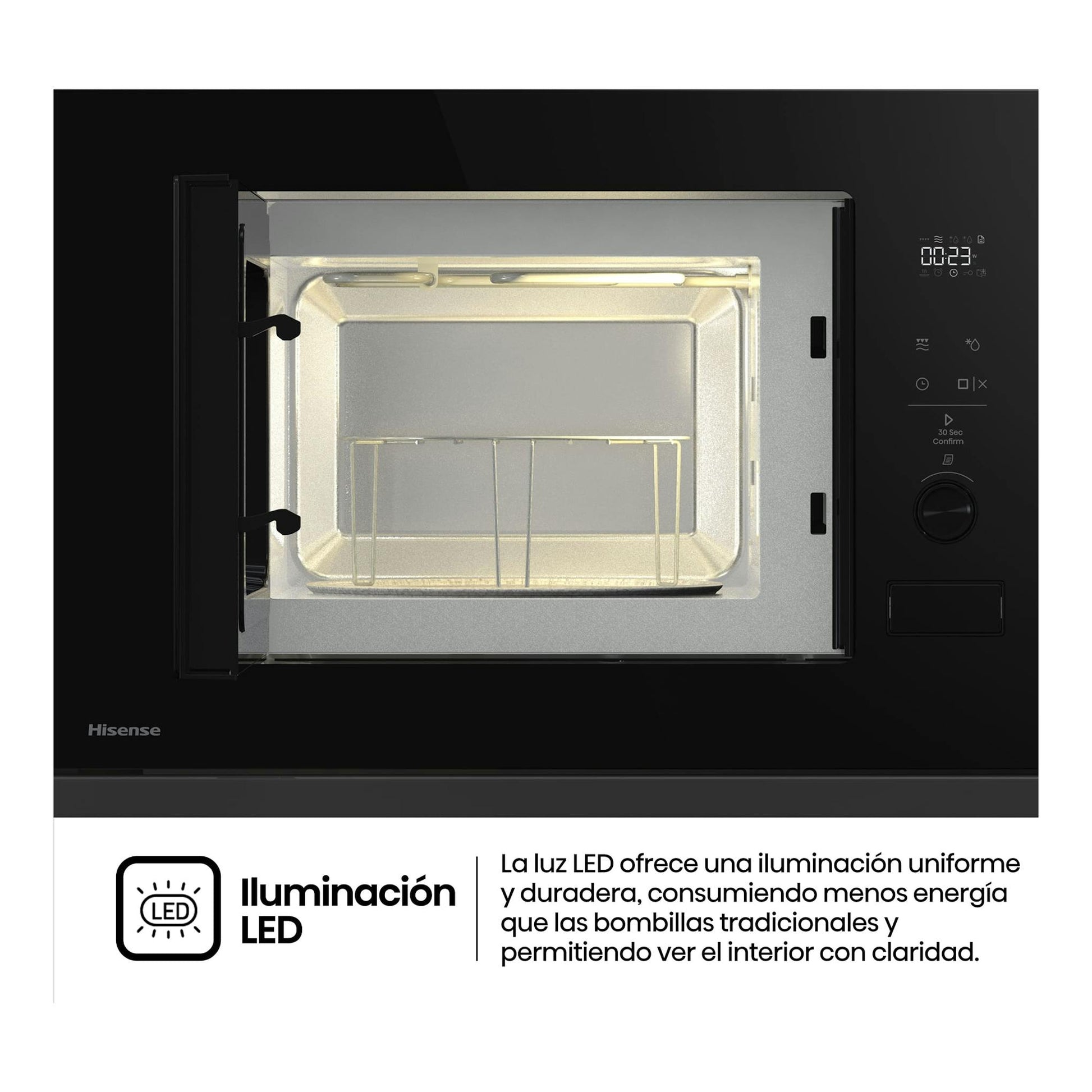 Microondas integrable Hisense BIM320G52BG, vista frontal, cristal negro, puerta abierta e interior iluminado.