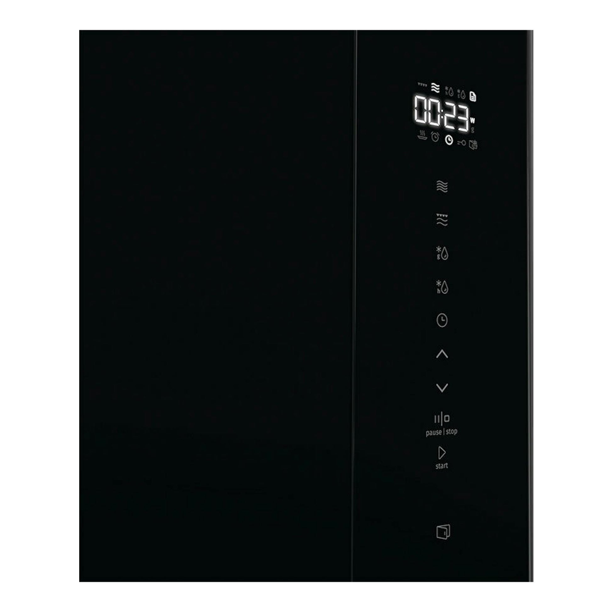 Microondas integrable Hisense BIM325GI63DBG de cristal negro, vista frontal con panel táctil digital.