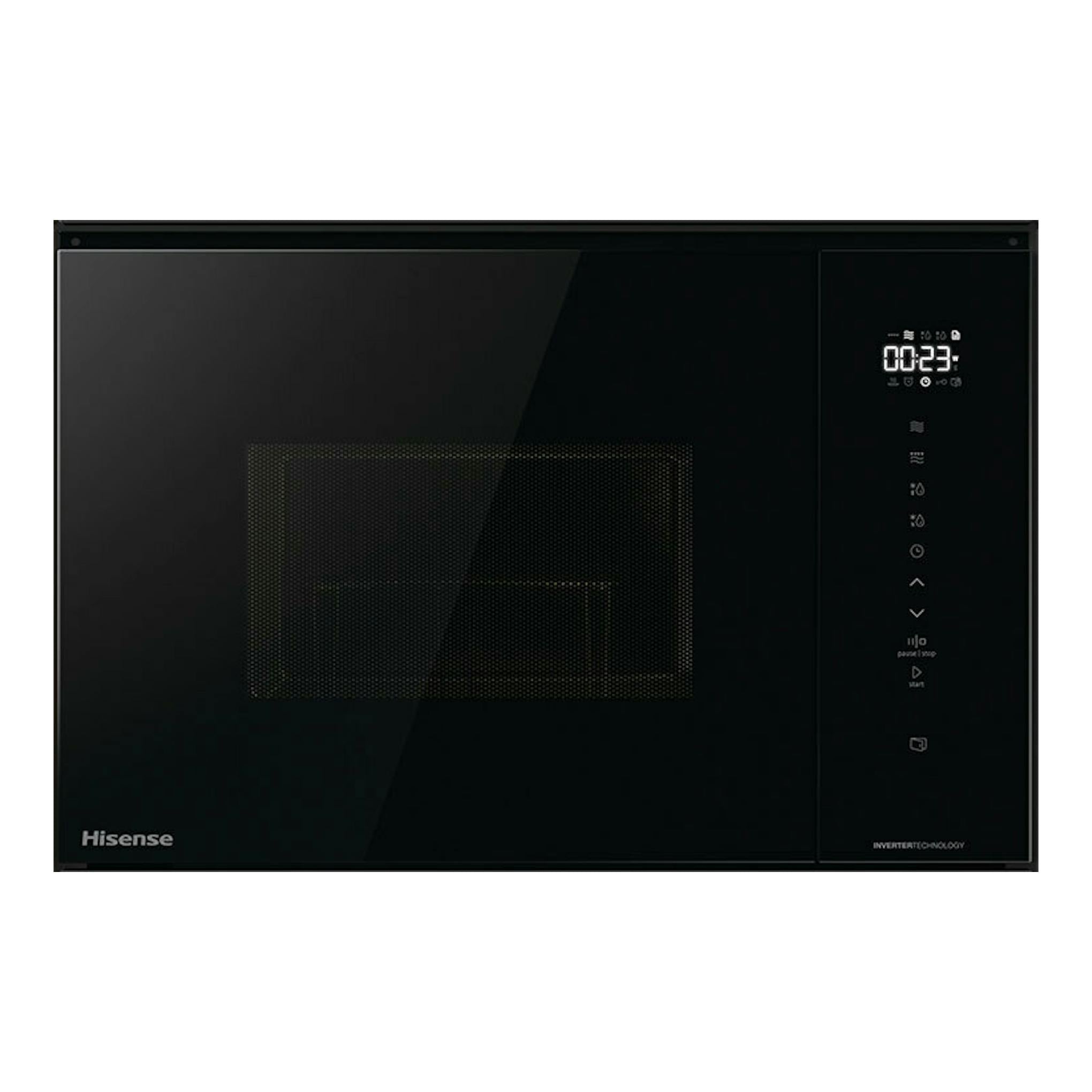 Microondas integrable Hisense BIM325GI63DBG de cristal negro, vista frontal.