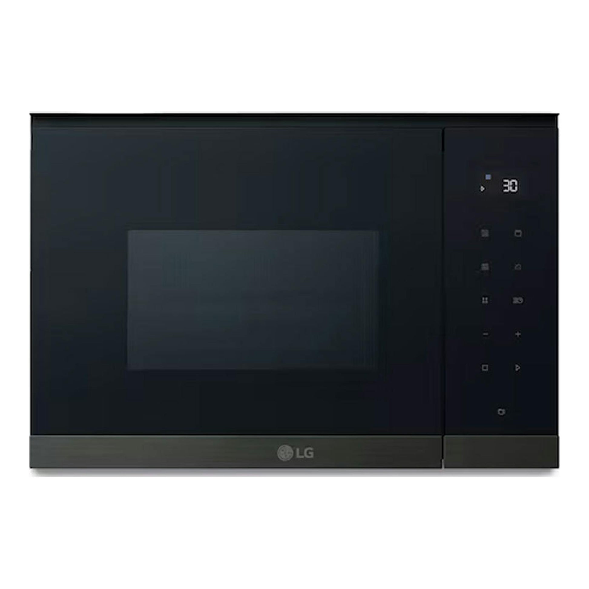 Microondas integrable LG MG7Z2593B negro, vista frontal, con panel táctil y display a la derecha.