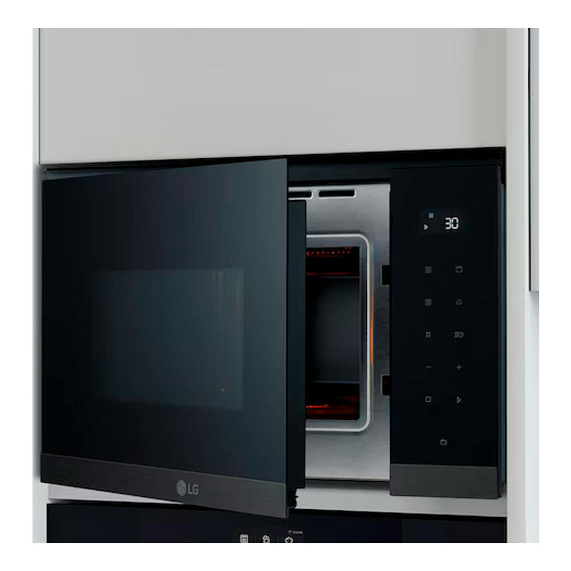 Microondas integrable LG MG7Z2593B de cristal negro, vista frontal con puerta abierta y panel táctil a la derecha.