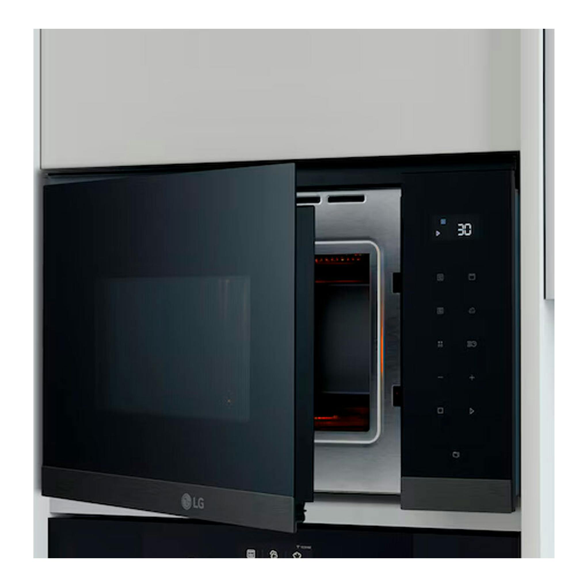 Microondas integrable LG MG7Z2593B de cristal negro, vista frontal con puerta abierta y panel táctil a la derecha.
