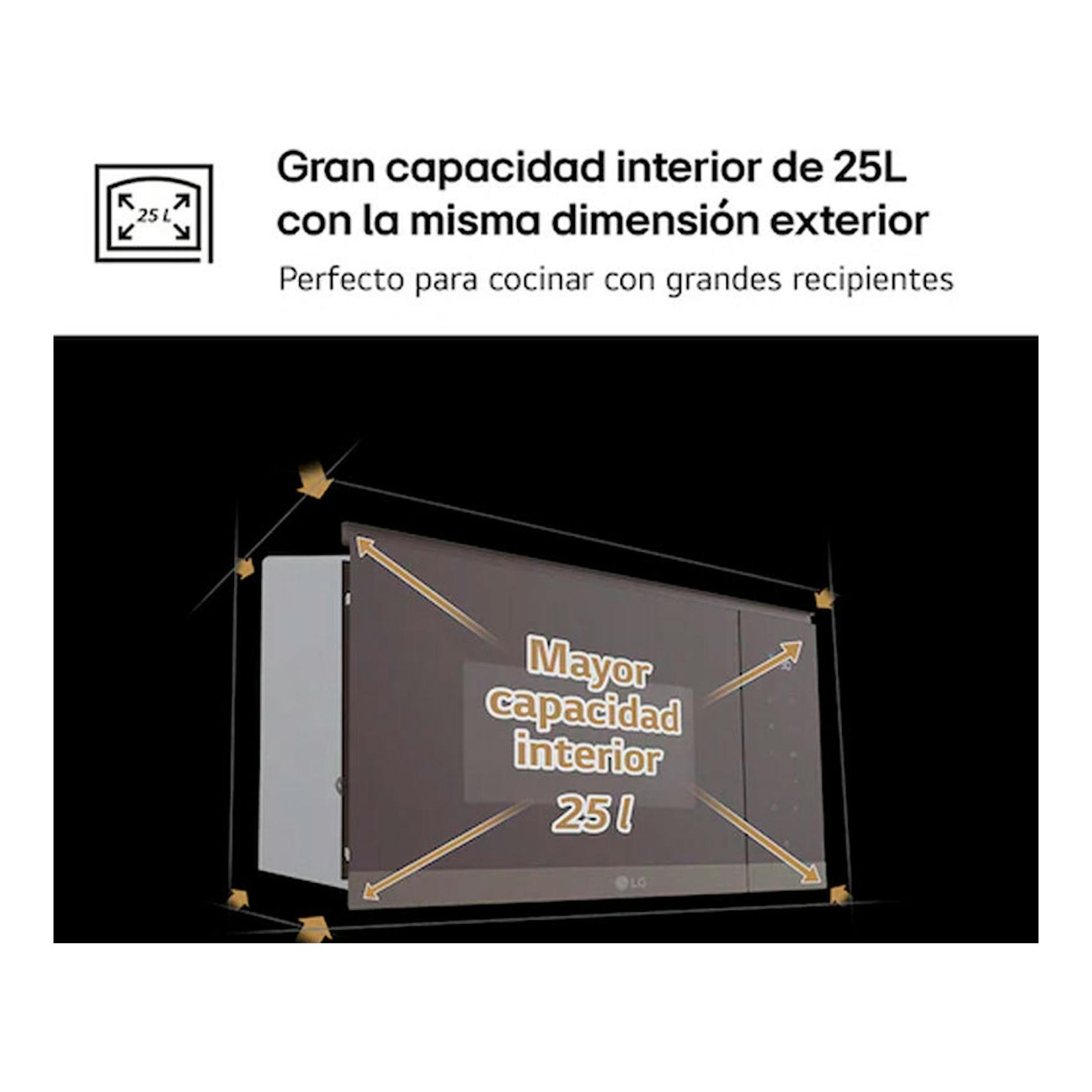 Microondas integrable LG MG7Z2593B negro, vista frontal en gráfico, con texto de capacidad interior de 25 L.