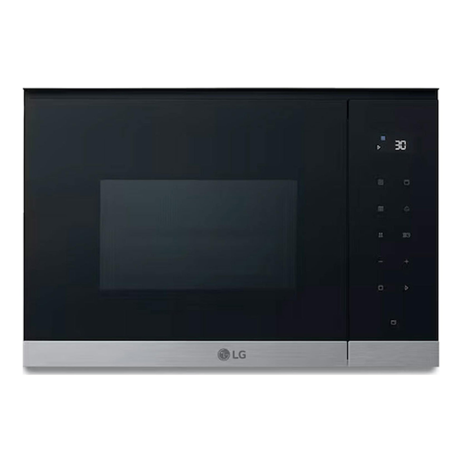 Microondas integrable LG MG7Z2593D negro, vista frontal, con panel táctil derecho y base plateada.