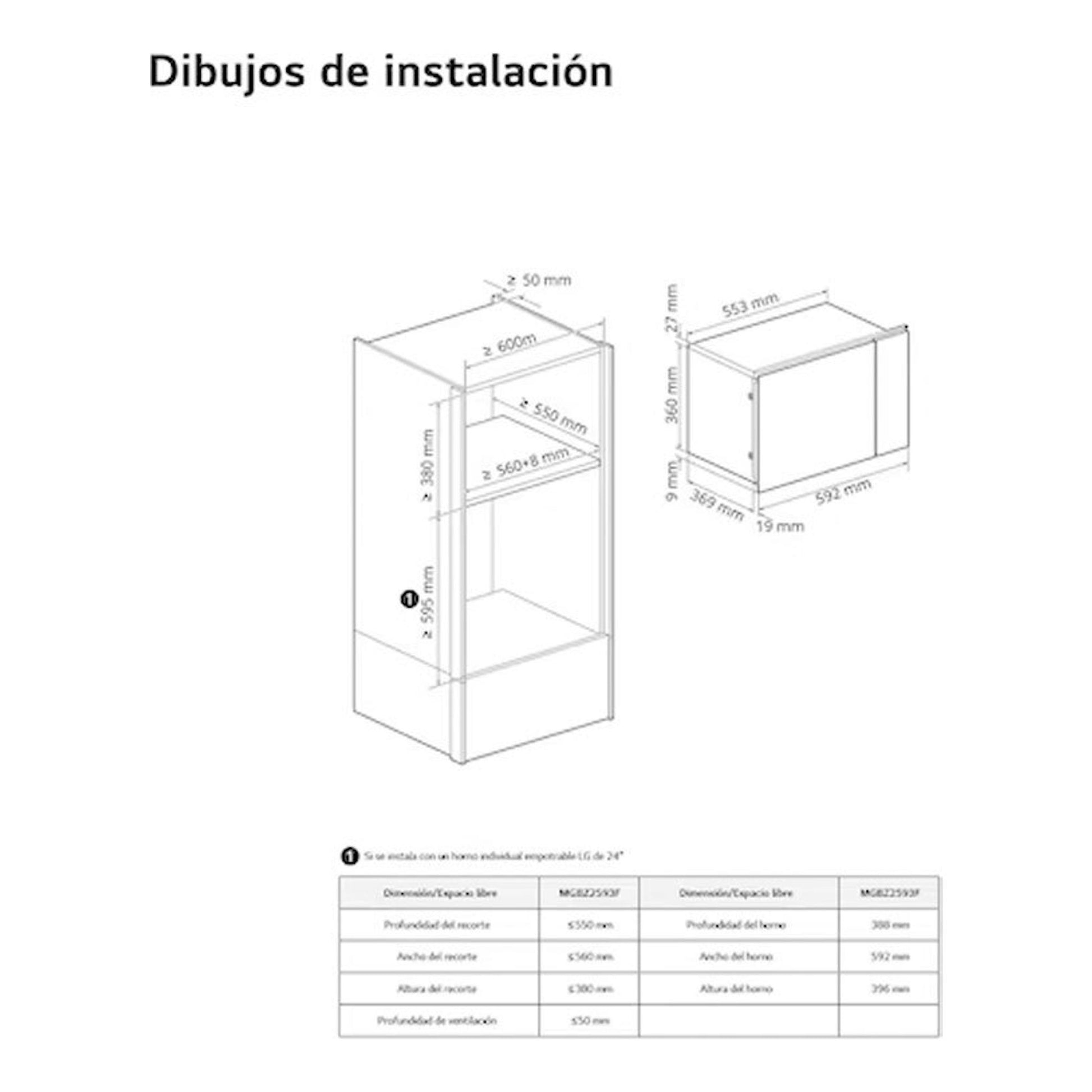 Esquema técnico de instalación del microondas integrable LG MG7Z2593D Inox, con medidas y vistas en perspectiva.