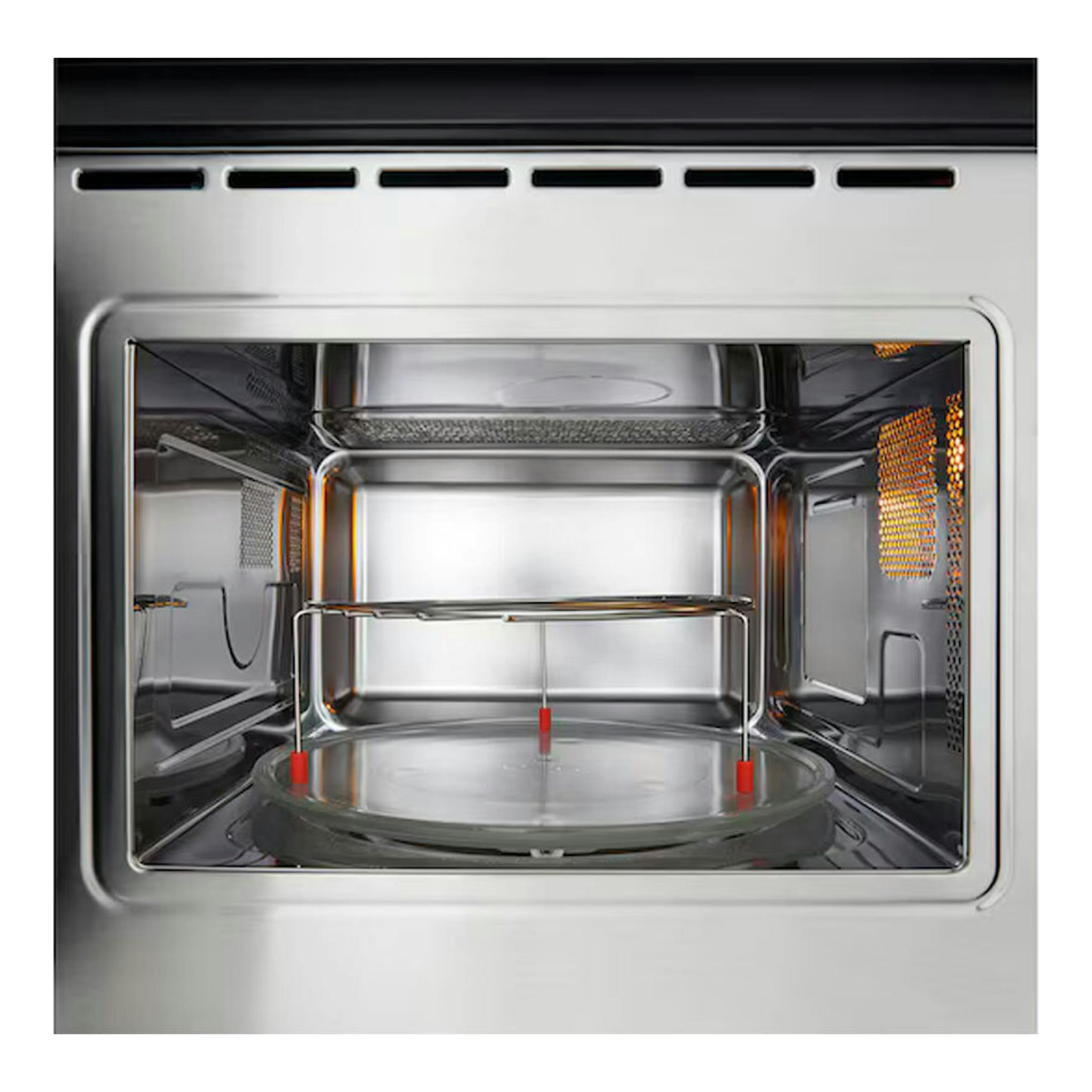 Microondas integrable LG MG7Z2593D inox, vista frontal del interior en acero inoxidable con plato giratorio.