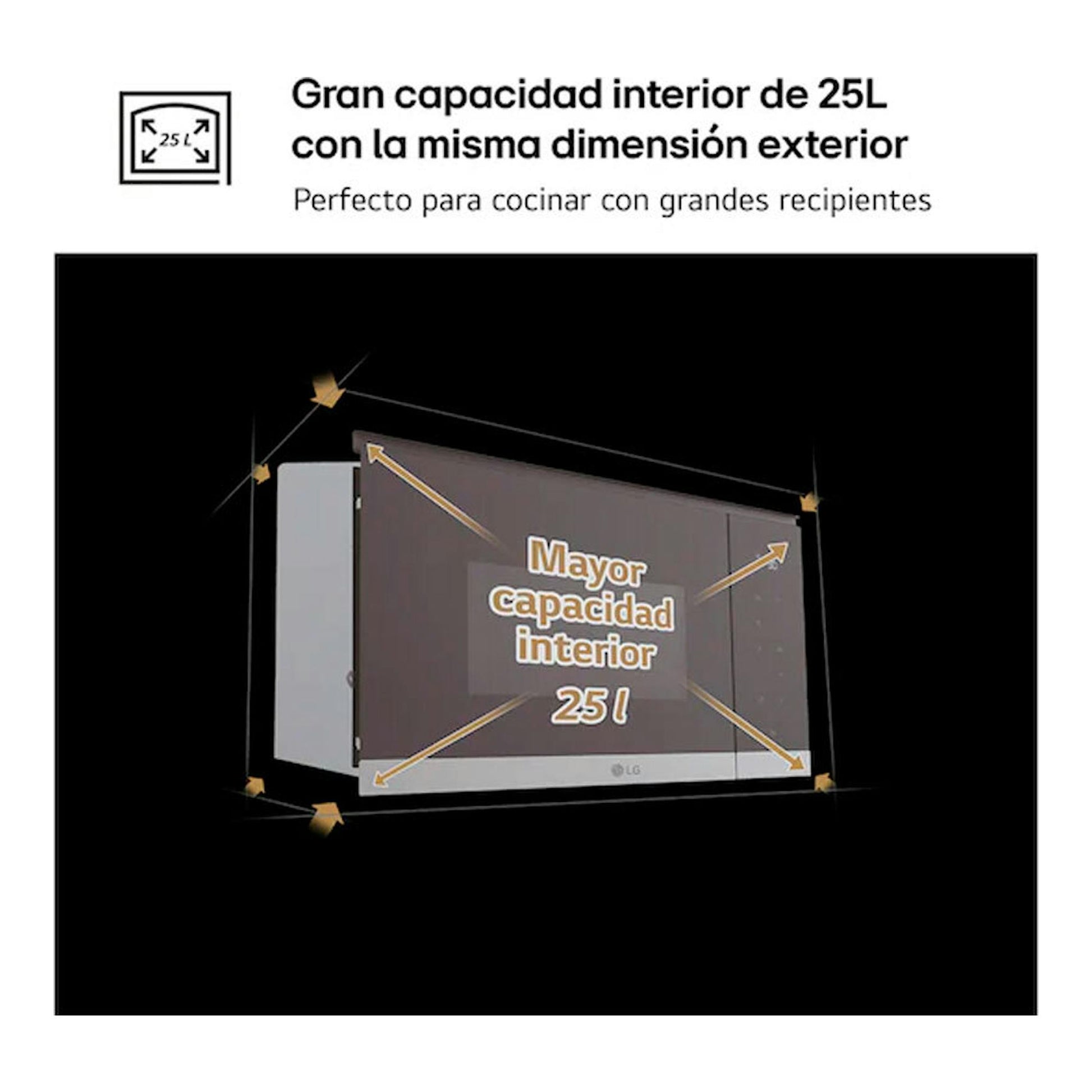 Microondas integrable LG MG7Z2593D Inox, vista frontal, con gráfico de capacidad interior de 25 L.