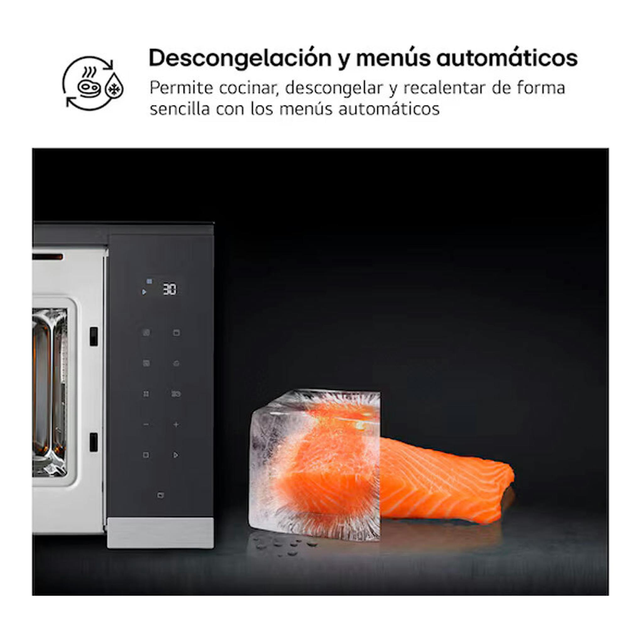 Microondas integrable LG MG7Z2593D Inox, vista frontal parcial con panel negro y salmón descongelándose.