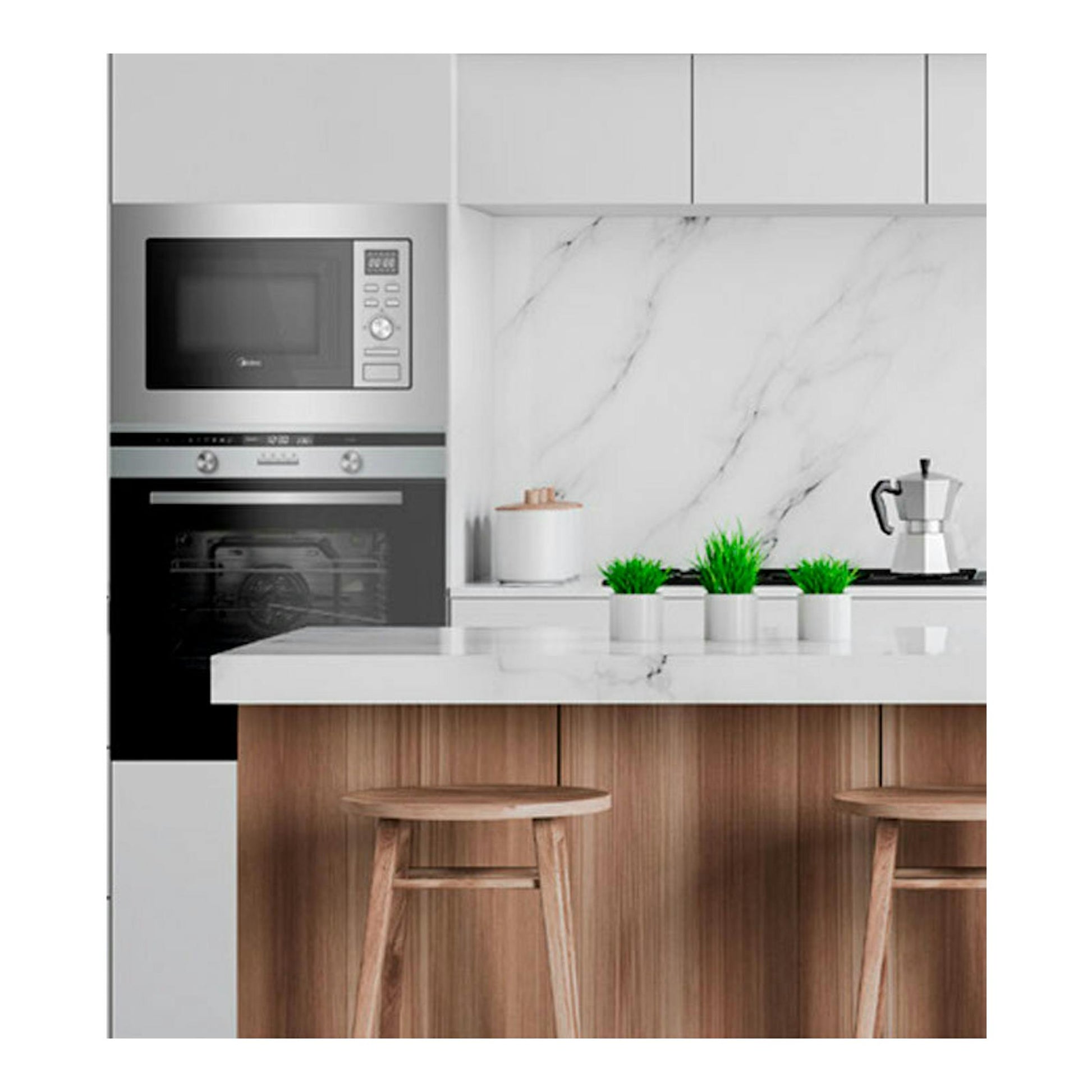 Microondas integrable Midea MBMAG720AX inox, vista frontal, empotrado en columna de cocina moderna.
