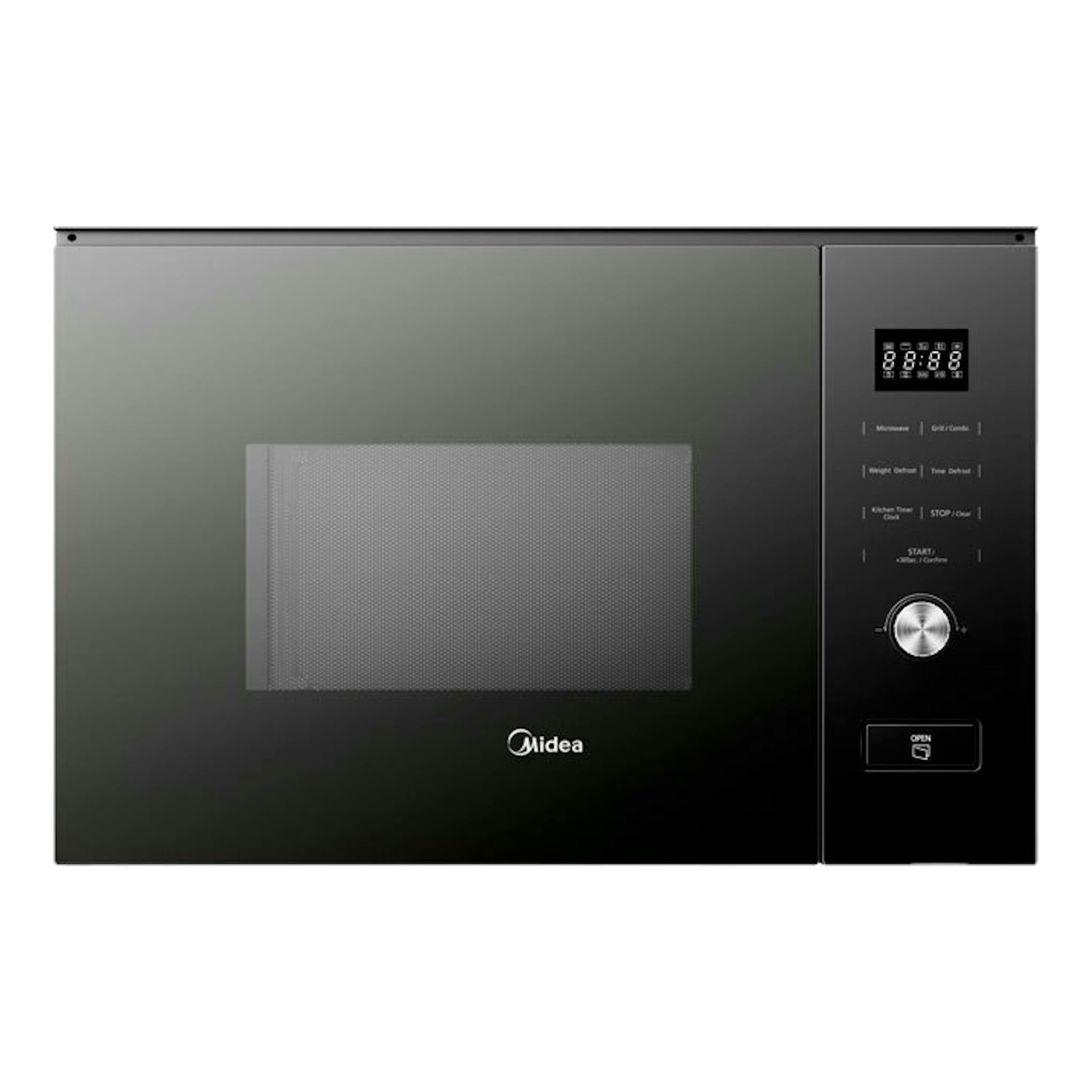 Microondas integrable Midea MBMTG820H-BK negro, vista frontal, con panel digital lateral derecho.
