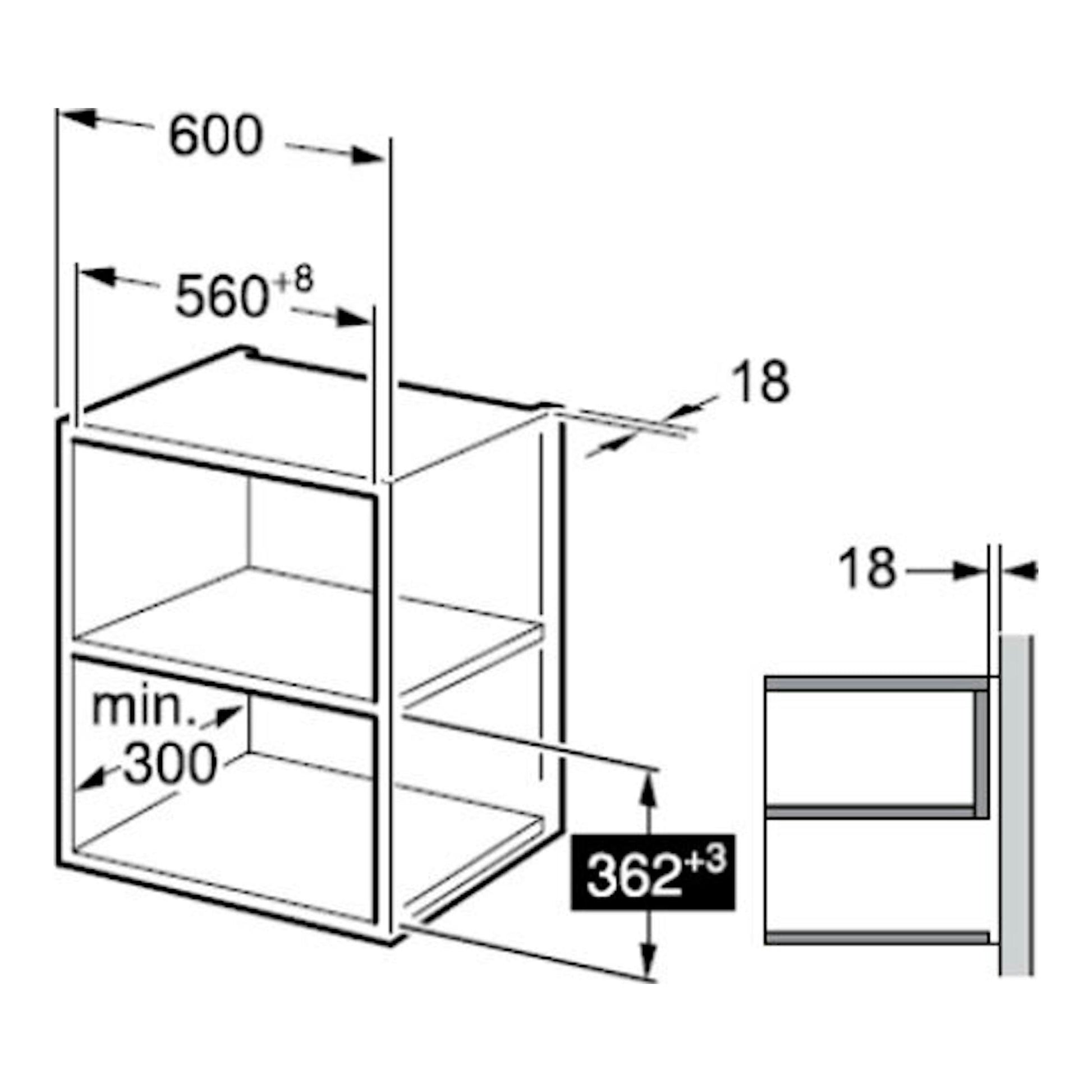 Diagrama de instalación del microondas integrable Midea MBMTG820H-BK, con medidas y vista lateral.