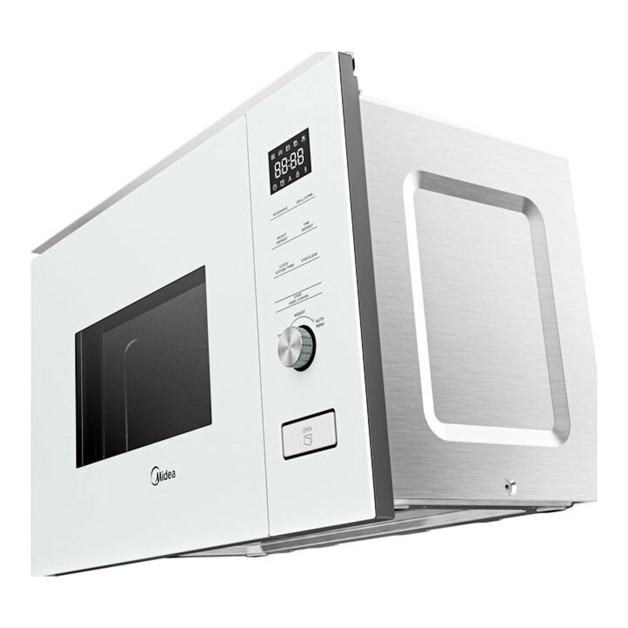 Microondas integrable Midea MBMTG820H-WH blanco, vista en ángulo con frontal de cristal y laterales inox.