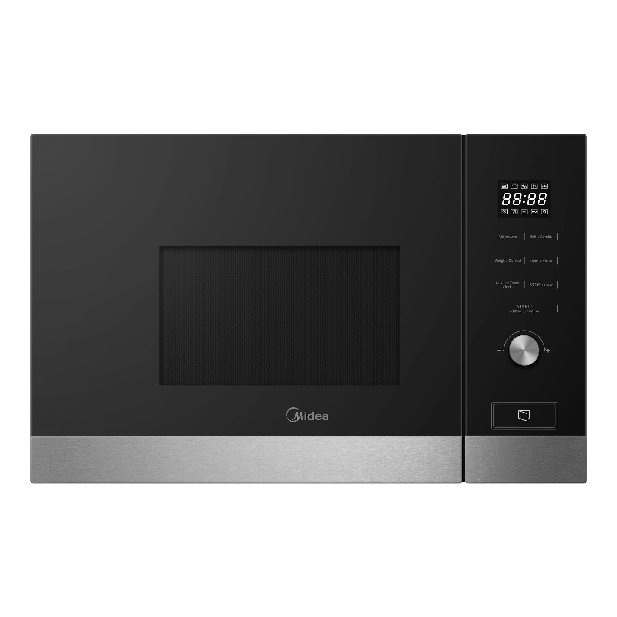 Microondas integrable Midea MBMTG820H-X negro, vista frontal, con panel digital y banda inferior acero.