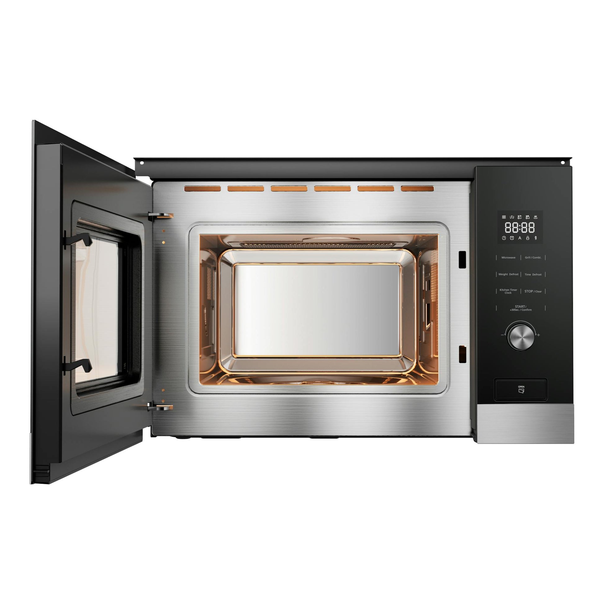 Microondas integrable Midea MBMTG820H-X, puerta abierta, frontal negro y acero inoxidable, vista frontal.
