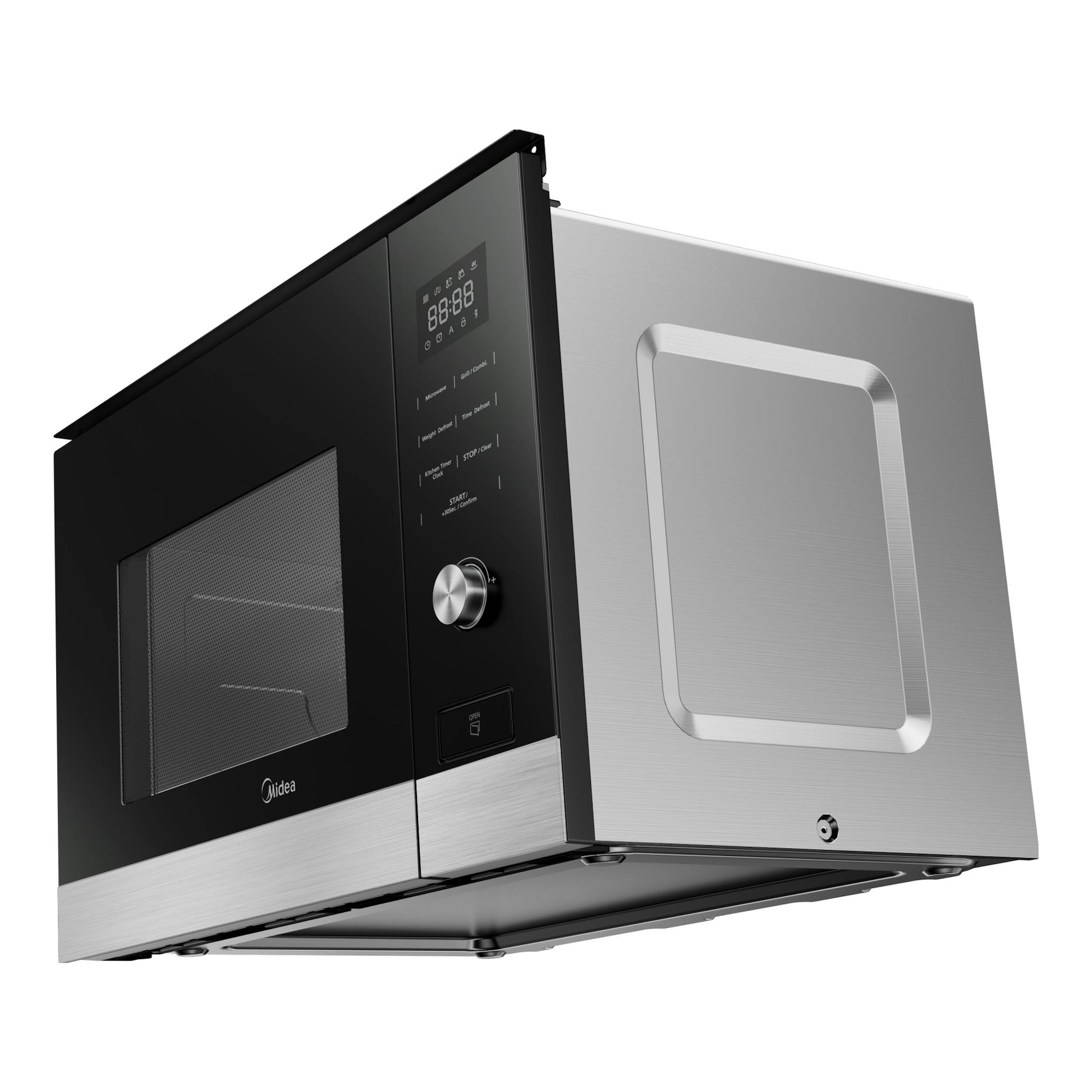 Microondas integrable Midea MBMTG820H-X, vista en ángulo, frontal negro y laterales inox.