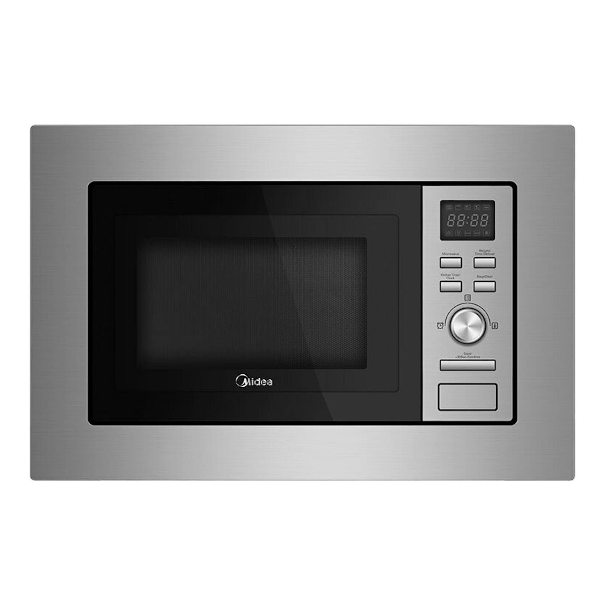 Microondas integrable Midea MCMI208GDIP, vista frontal, negro y acero inoxidable, con panel digital a la derecha.