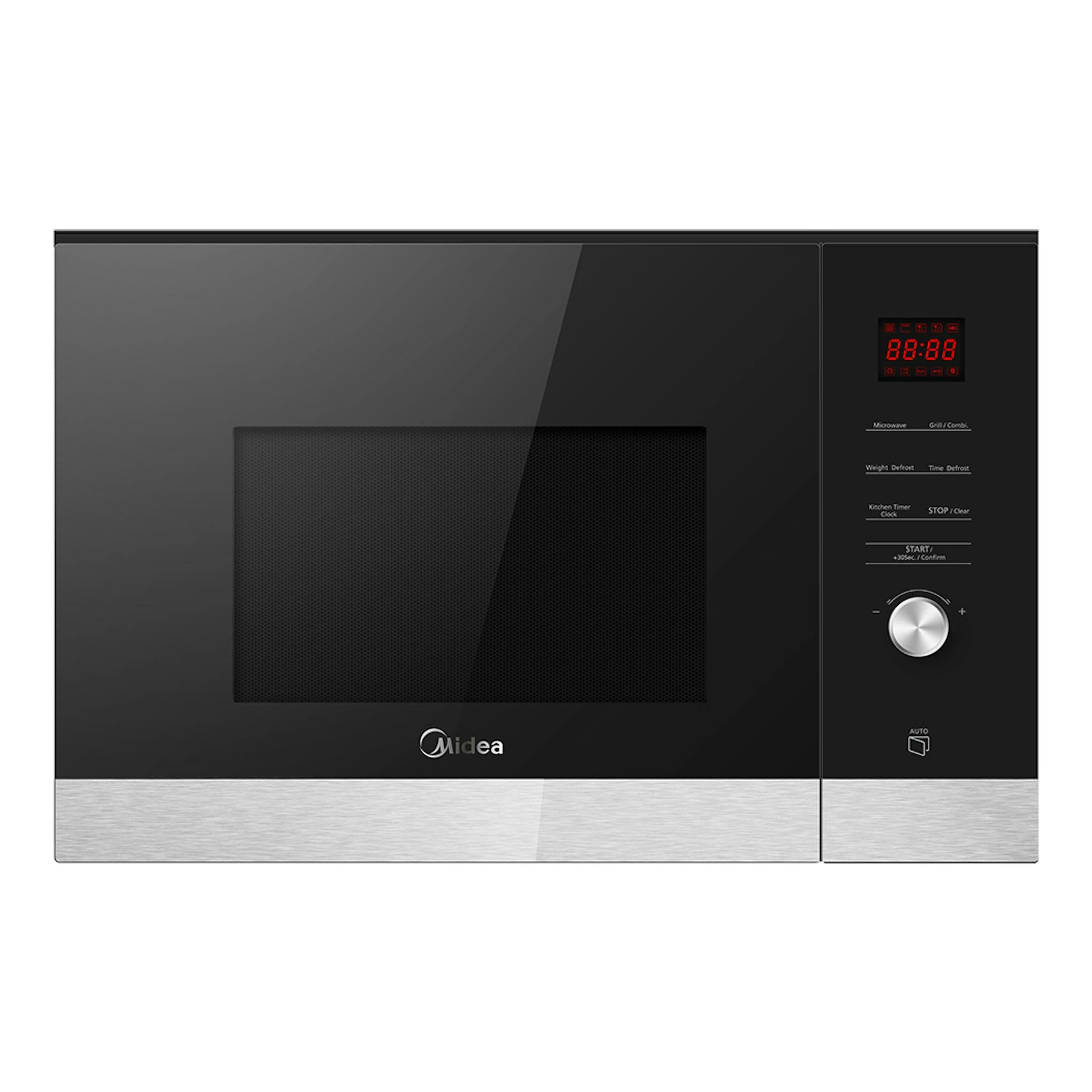 Microondas integrable Midea MCMI259GDIP negro, vista frontal, con panel digital y franja inferior de acero.