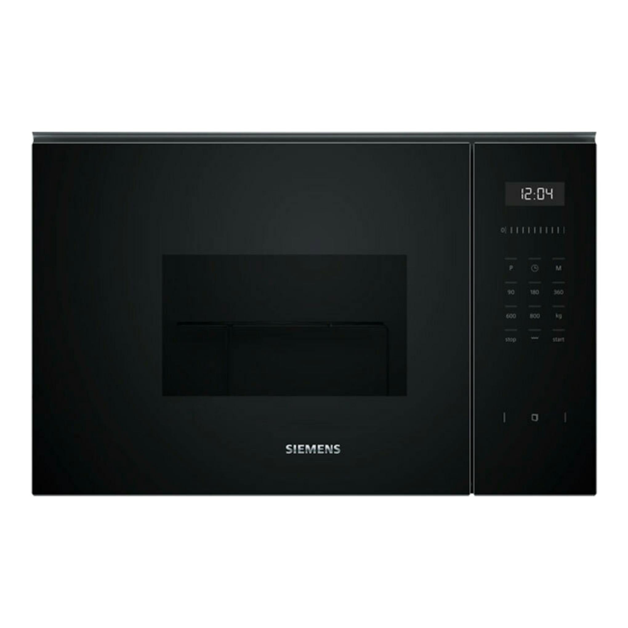 Microondas integrable Siemens BE525LMB1 en cristal negro, vista frontal con panel digital a la derecha.