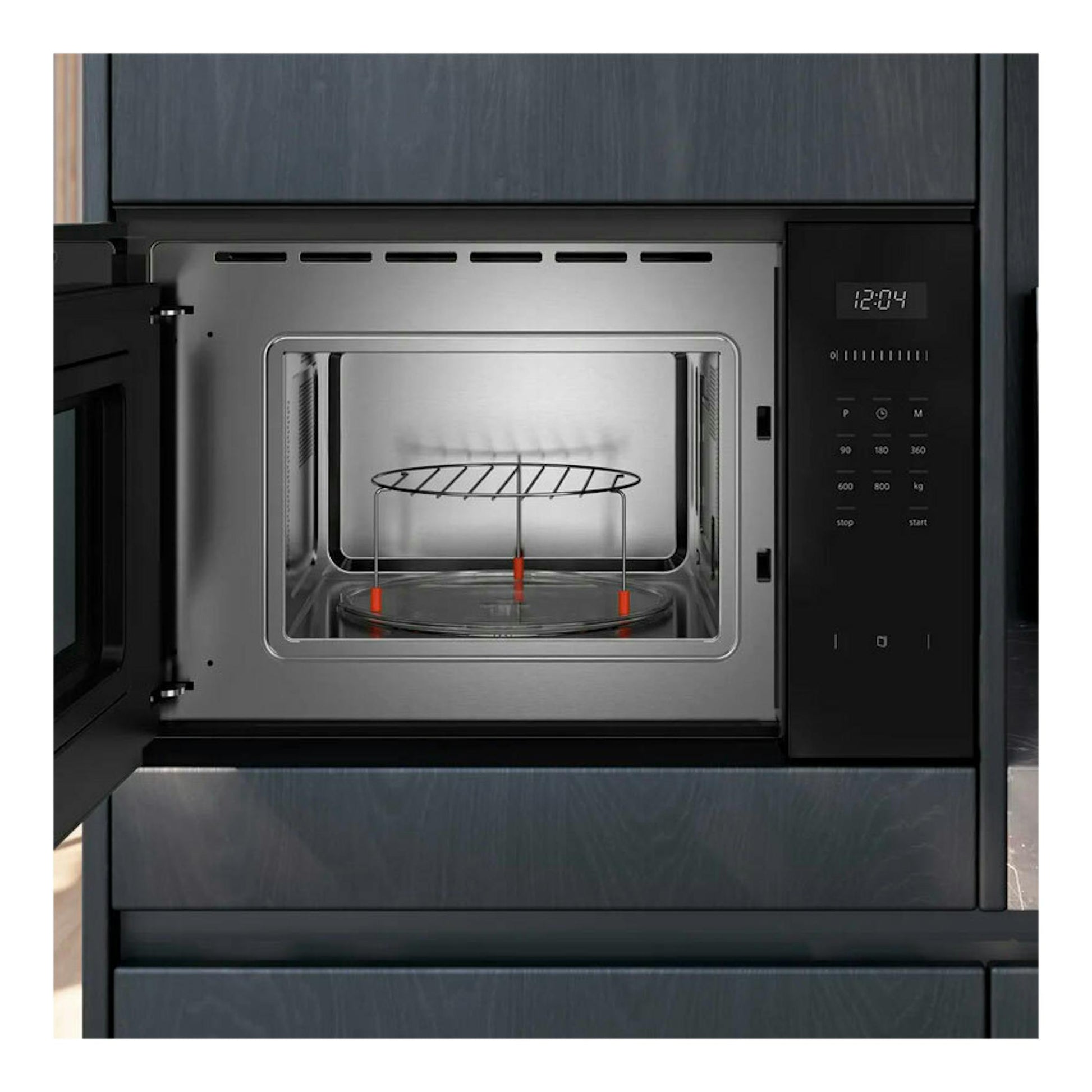 Microondas integrable Siemens BE525LMB1 en negro, visto de frente con la puerta abierta y panel táctil.