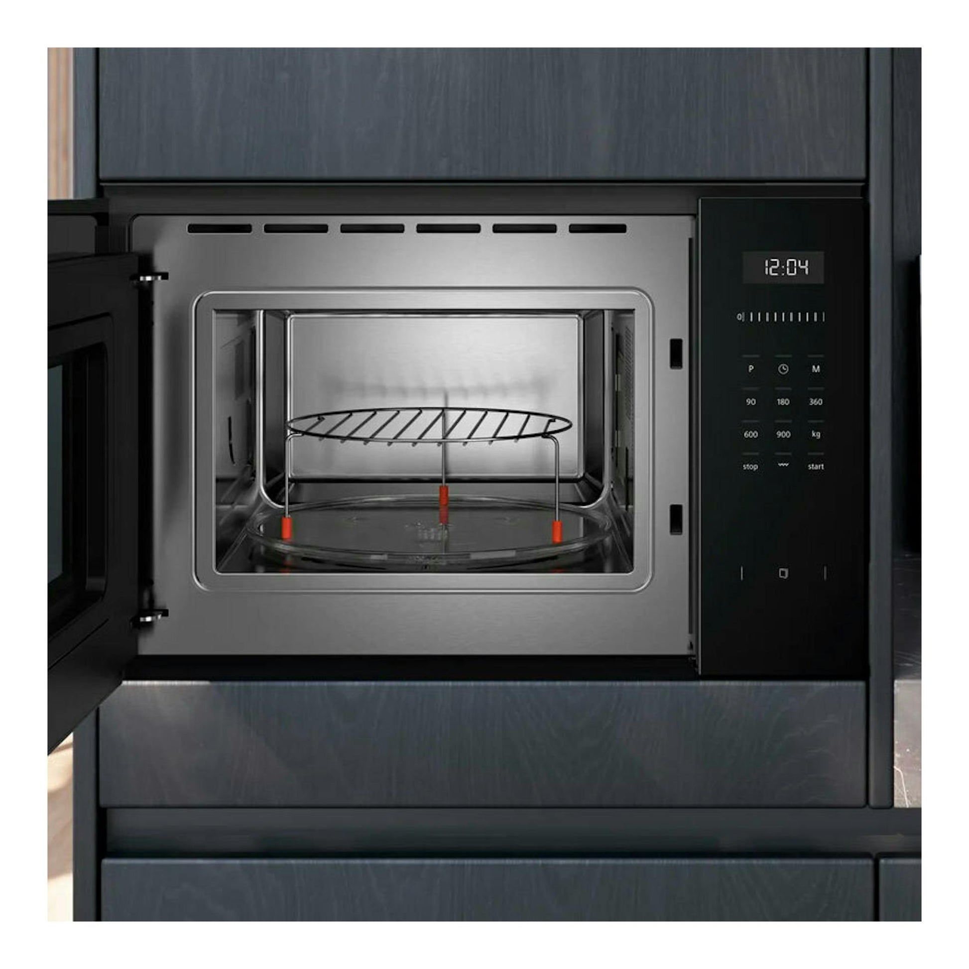 Microondas integrable Siemens BE555LMB1 de cristal negro, vista frontal con puerta abierta y panel digital.