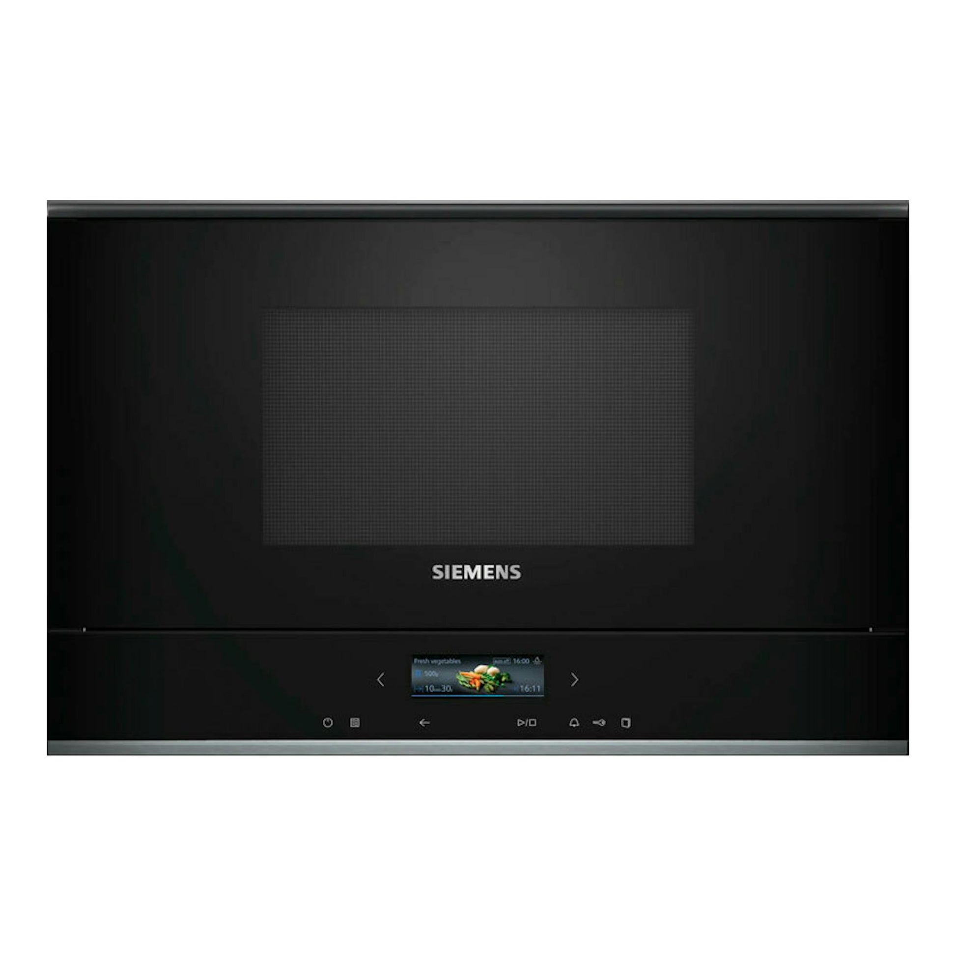 Microondas integrable Siemens BE732L1B1 negro, vista frontal, con puerta negra y panel táctil inferior.