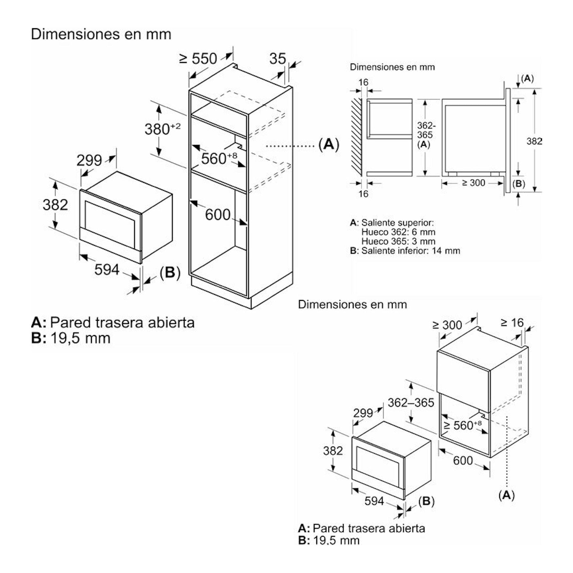 Diagrama técnico del microondas integrable Siemens BE732L1B1 negro, con vistas frontal y lateral y medidas en mm.