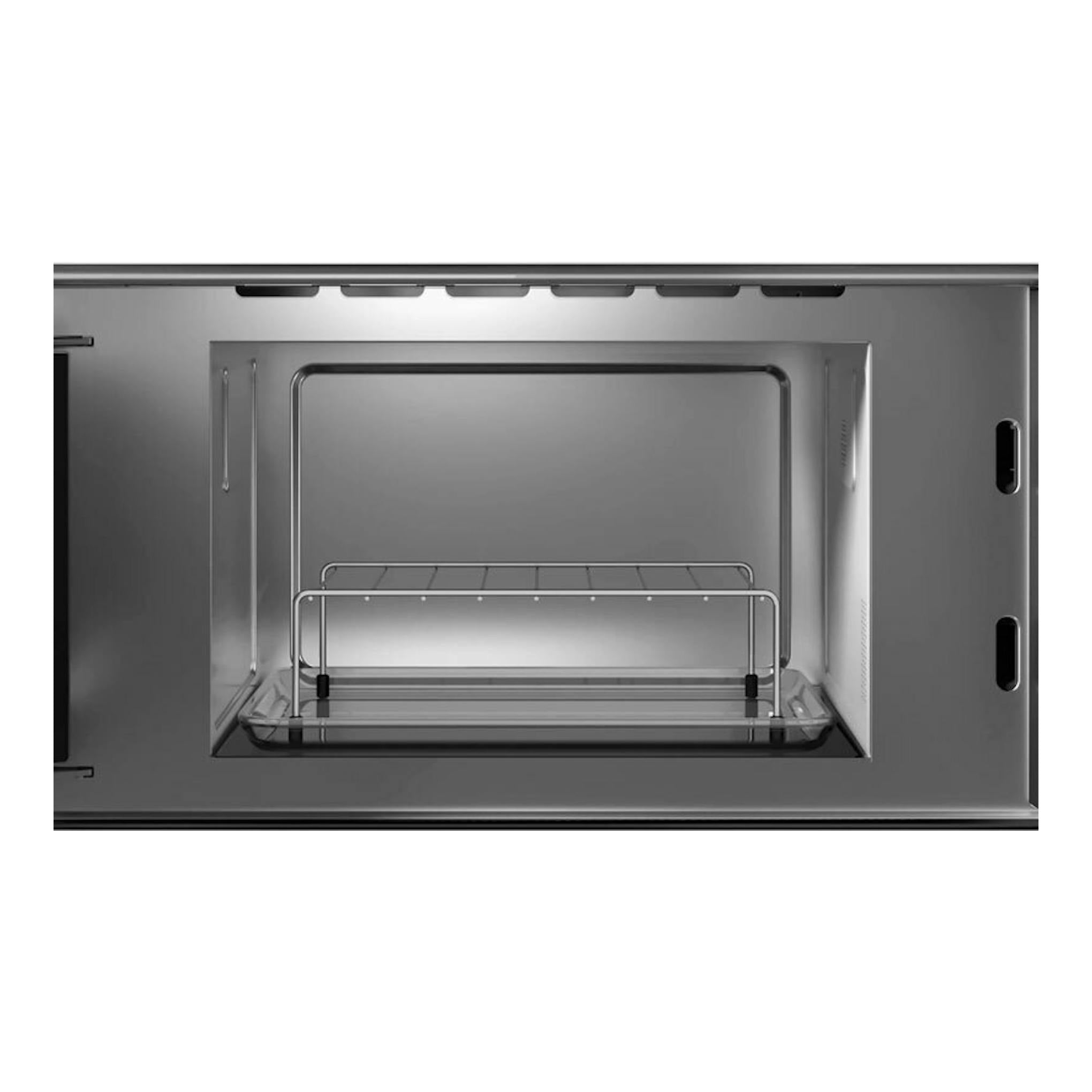 Microondas integrable Siemens BE732L1B1 negro, vista frontal del interior con puerta abierta y bandeja de cristal.