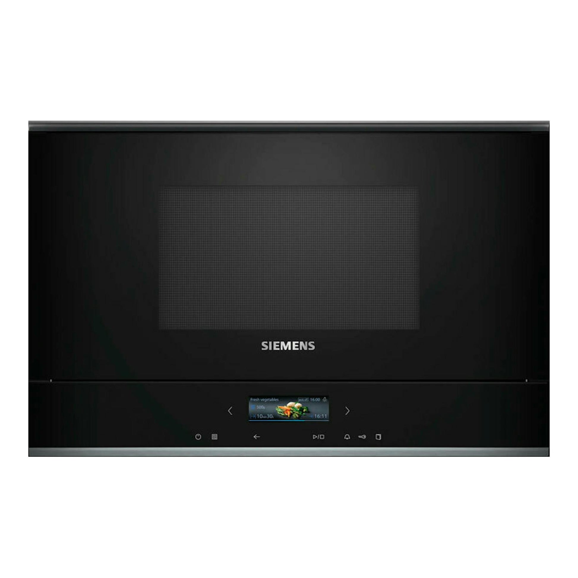 Microondas integrable Siemens BE732R1B1 negro, vista frontal, con pantalla central y panel táctil inferior.