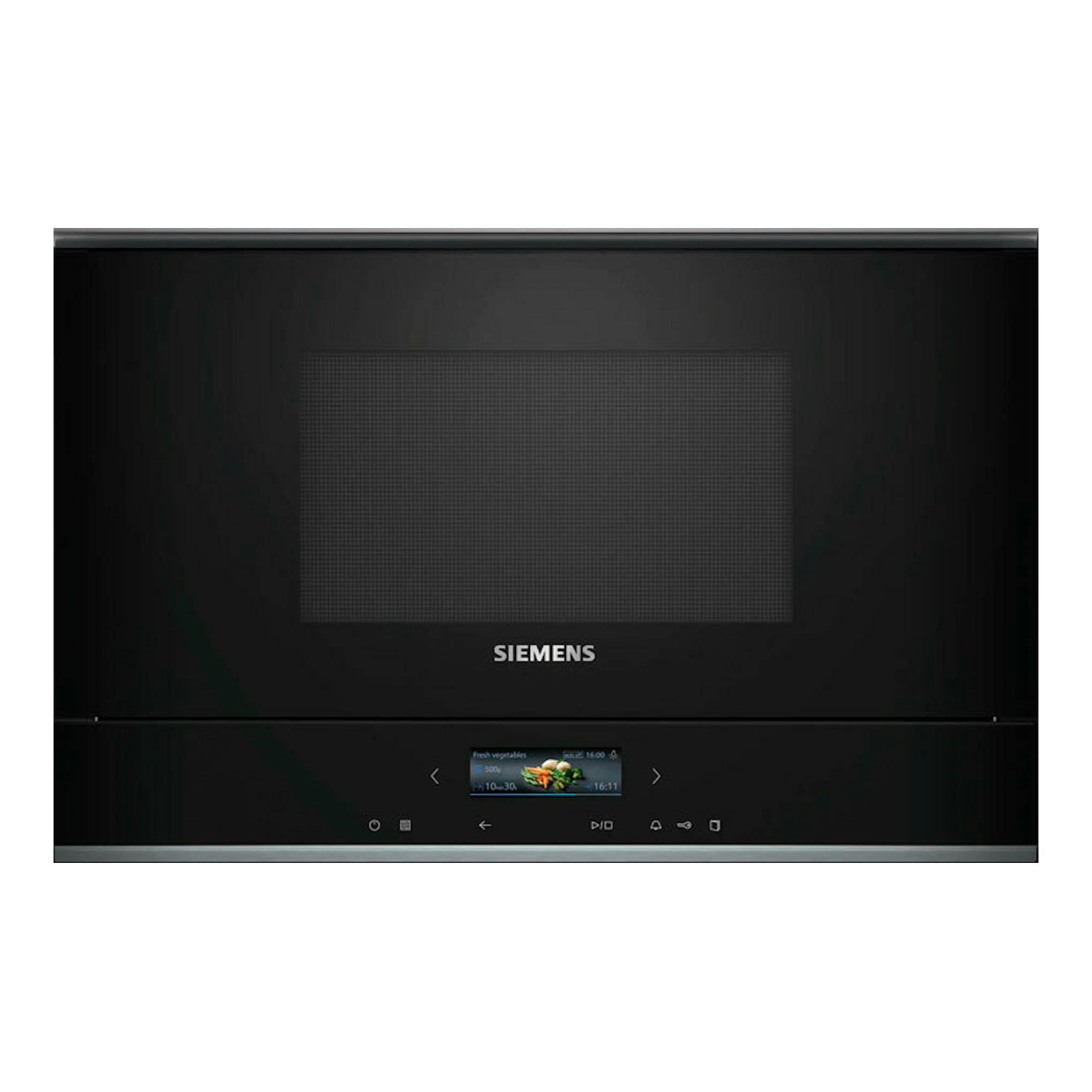 Microondas integrable Siemens BE732R1B1 negro, vista frontal, con pantalla central y panel táctil inferior.