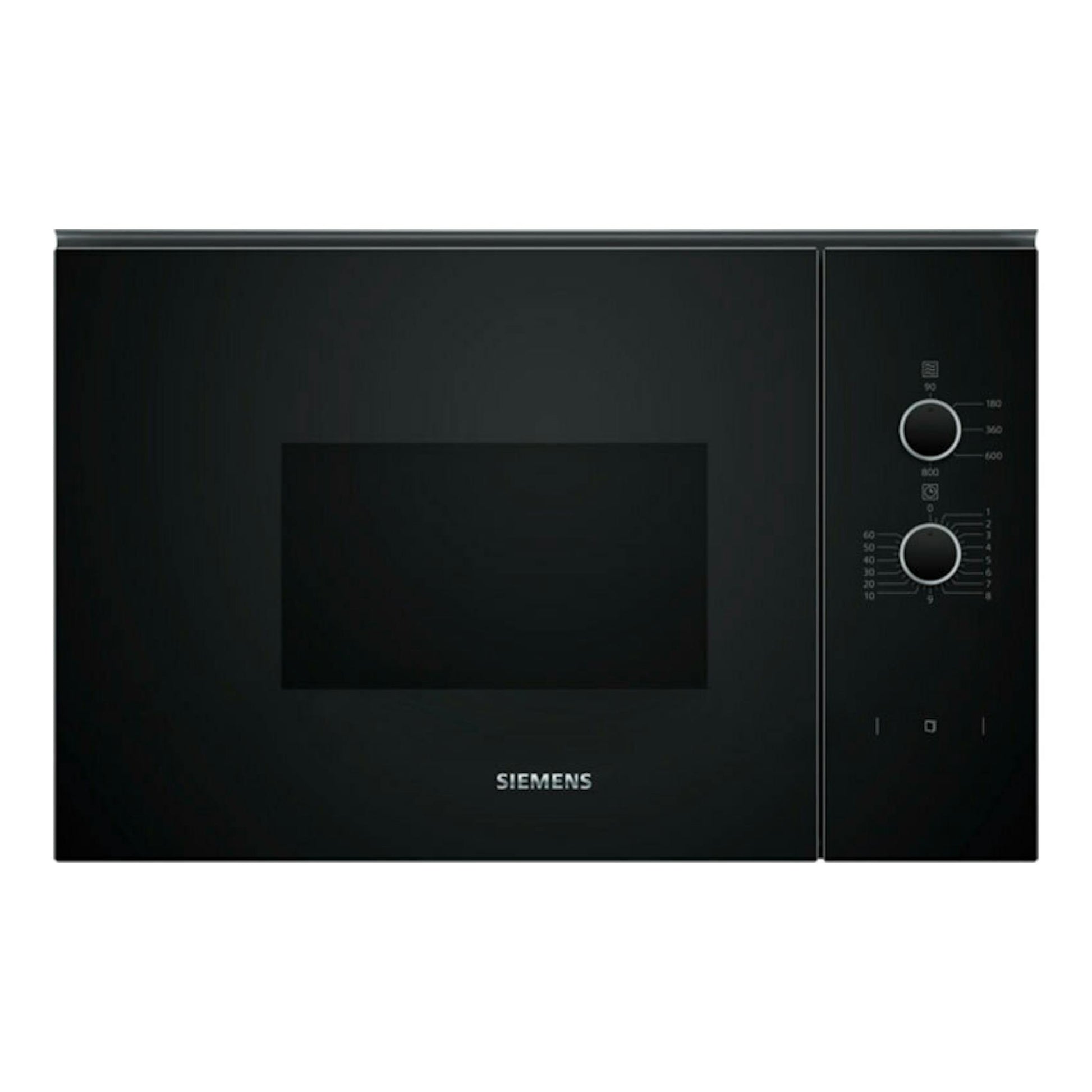 Microondas integrable Siemens BF520LMA1 de cristal negro, vista frontal con dos mandos laterales.