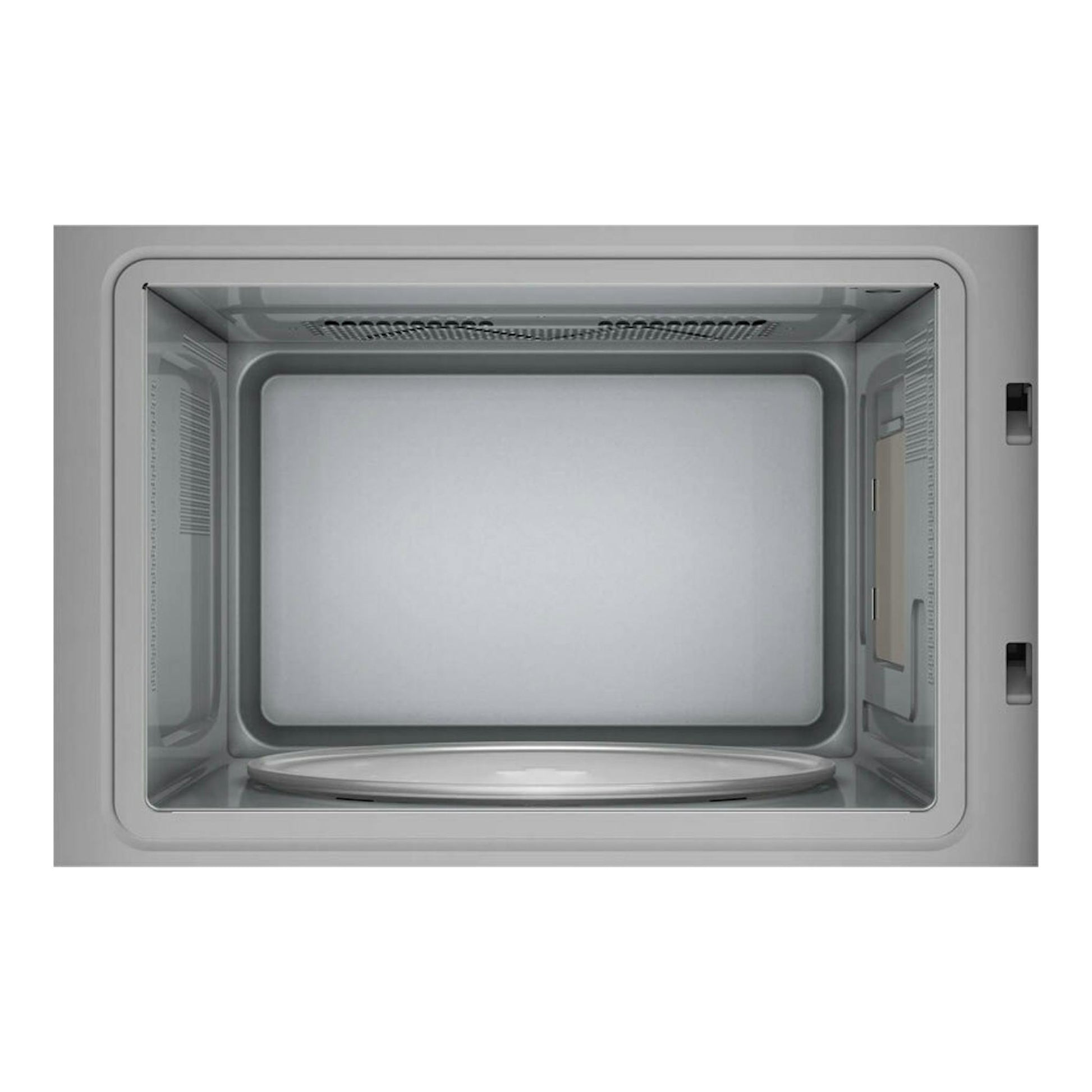 Microondas integrable Siemens BF520LMA1, vista frontal del interior gris con plato giratorio.