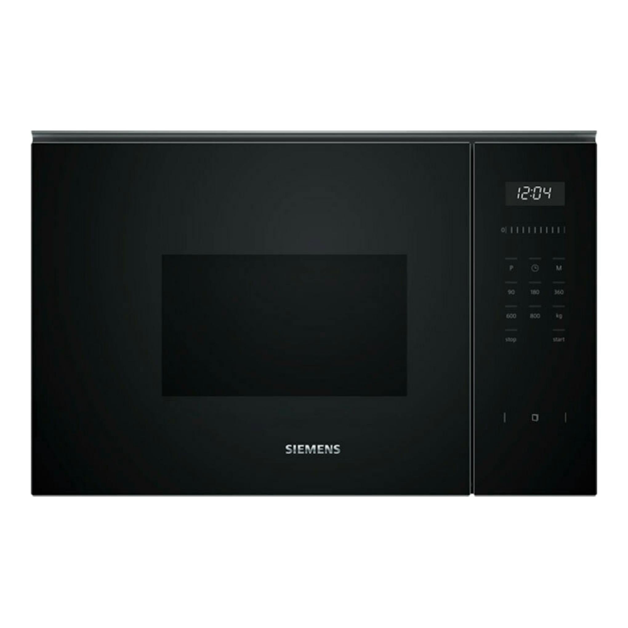 Microondas integrable Siemens BF525LMB1 de cristal negro, vista frontal, con panel digital a la derecha.