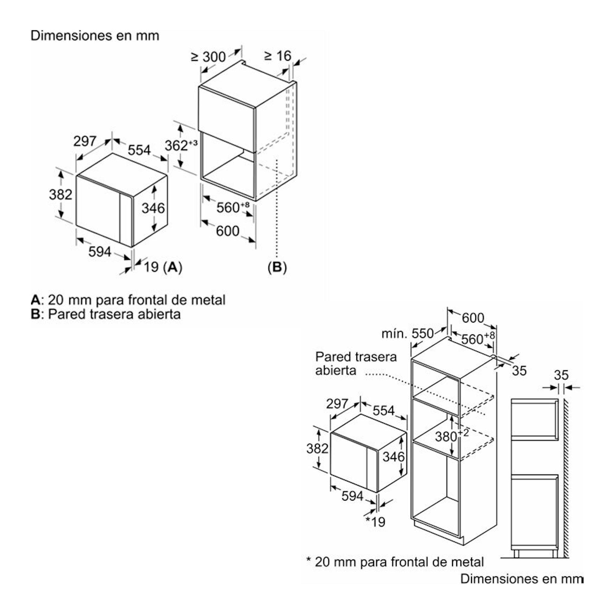 Diagrama técnico de dimensiones del microondas integrable Siemens BF525LMB1 en cristal negro, vistas frontal y lateral.