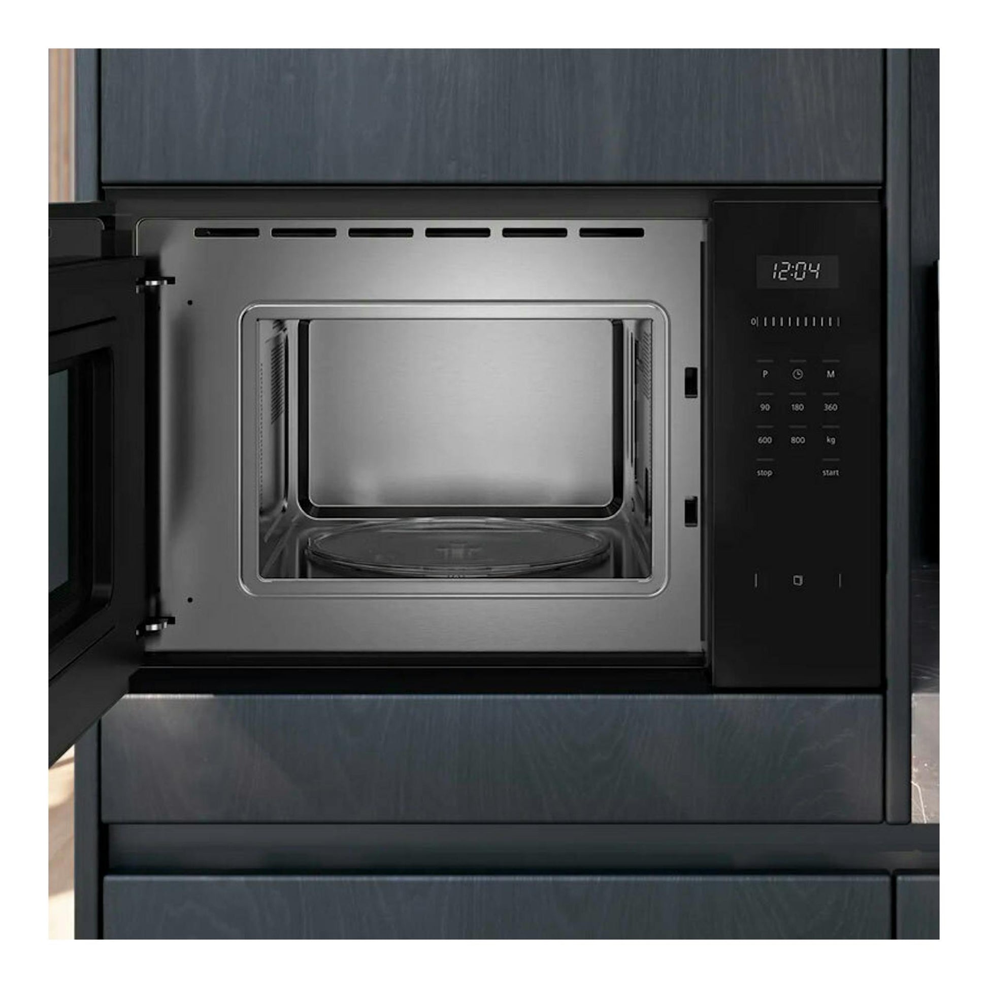 Microondas integrable Siemens BF525LMB1 de cristal negro, puerta abierta, vista frontal, panel digital e interior inox.