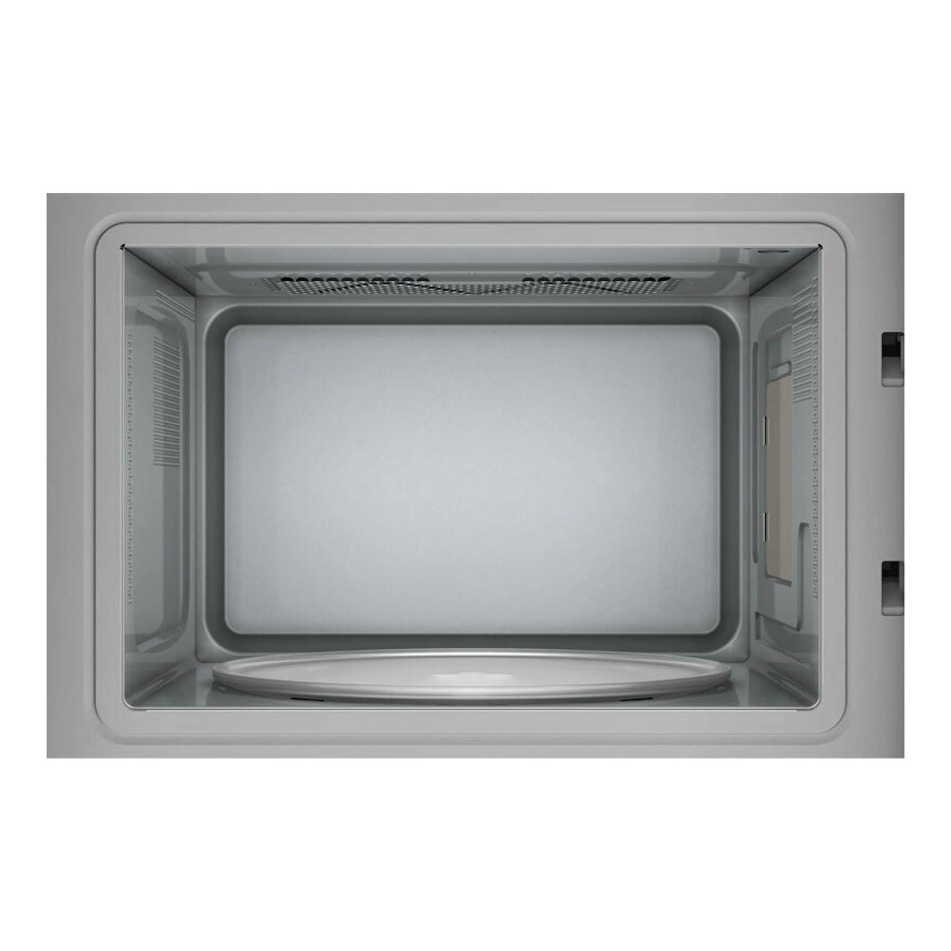 Microondas integrable Siemens BF525LMB1, interior plateado con plato giratorio, vista frontal abierta.