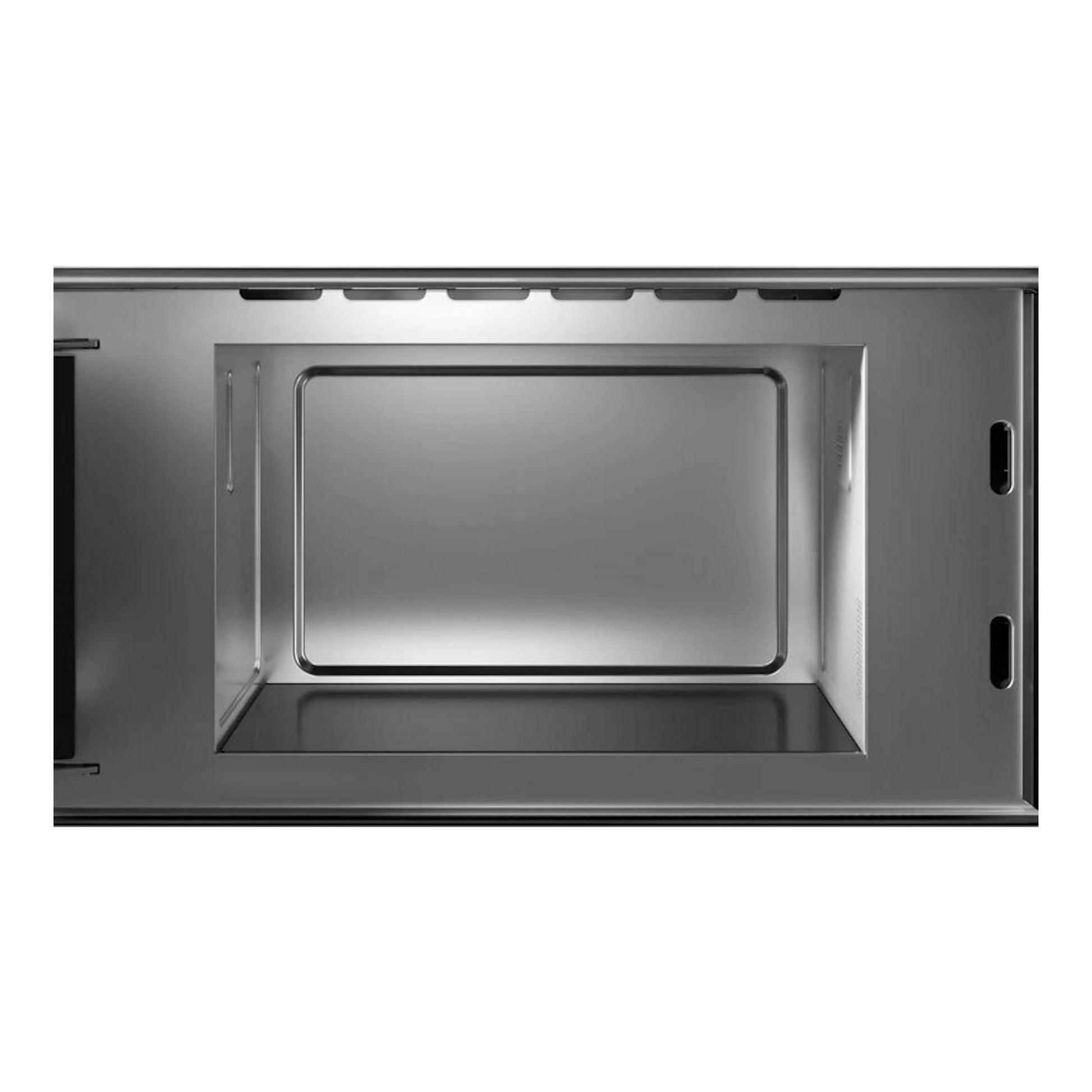 Microondas integrable Siemens BF722L1B1 negro, vista frontal del interior de la cavidad con puerta abierta.