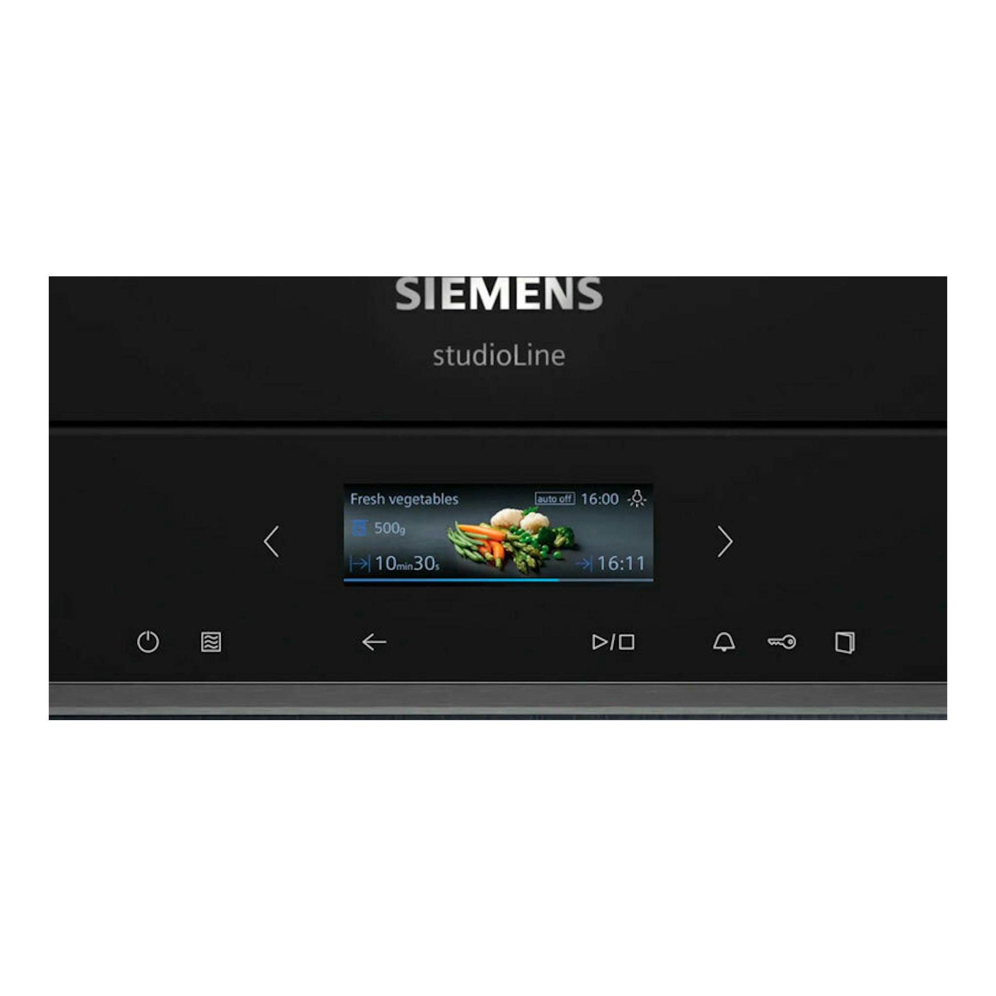 Microondas integrable Siemens BF722L1B1 negro, vista frontal con pantalla táctil y display central.