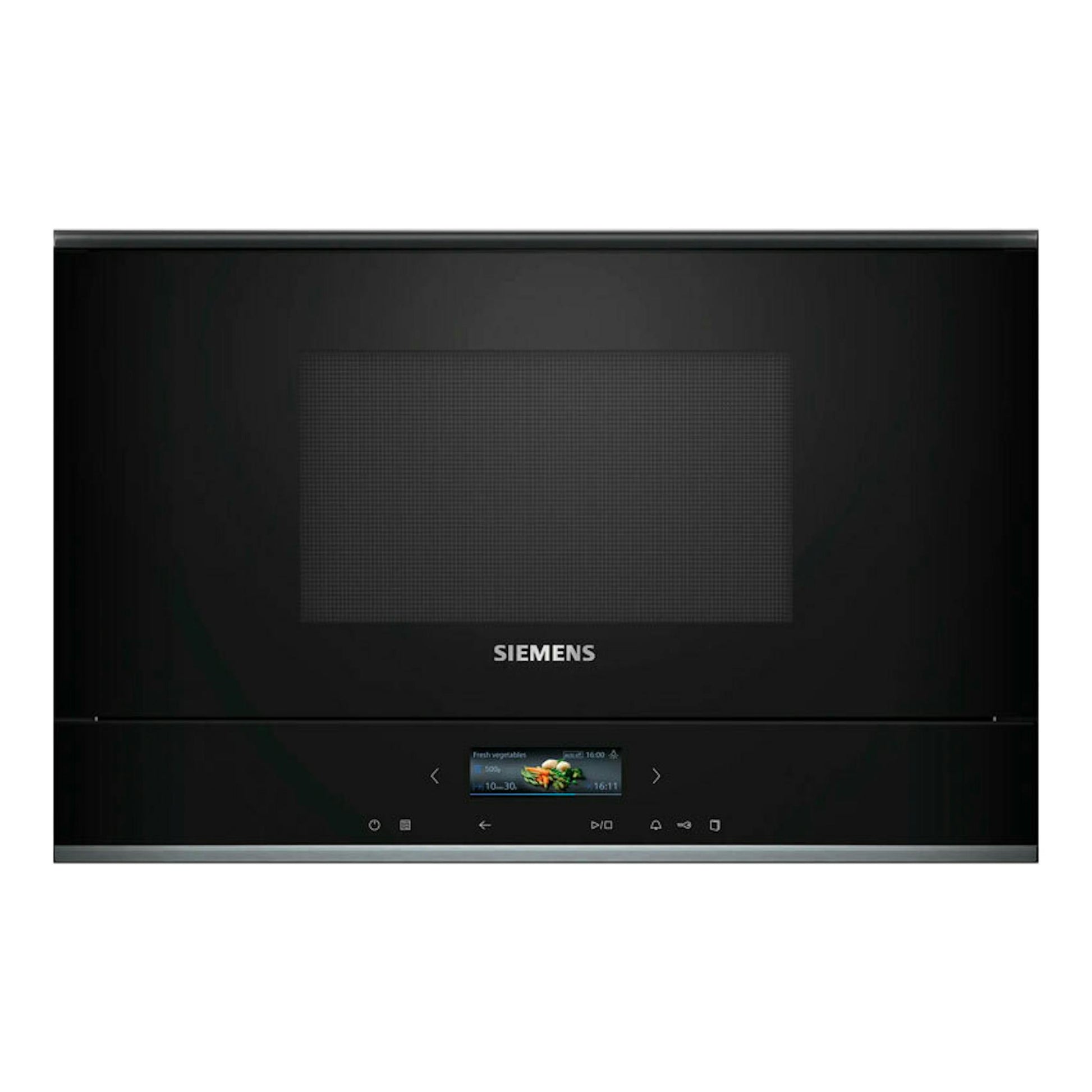 Microondas integrable Siemens BF722R1B1 negro, vista frontal con panel táctil y pantalla central.