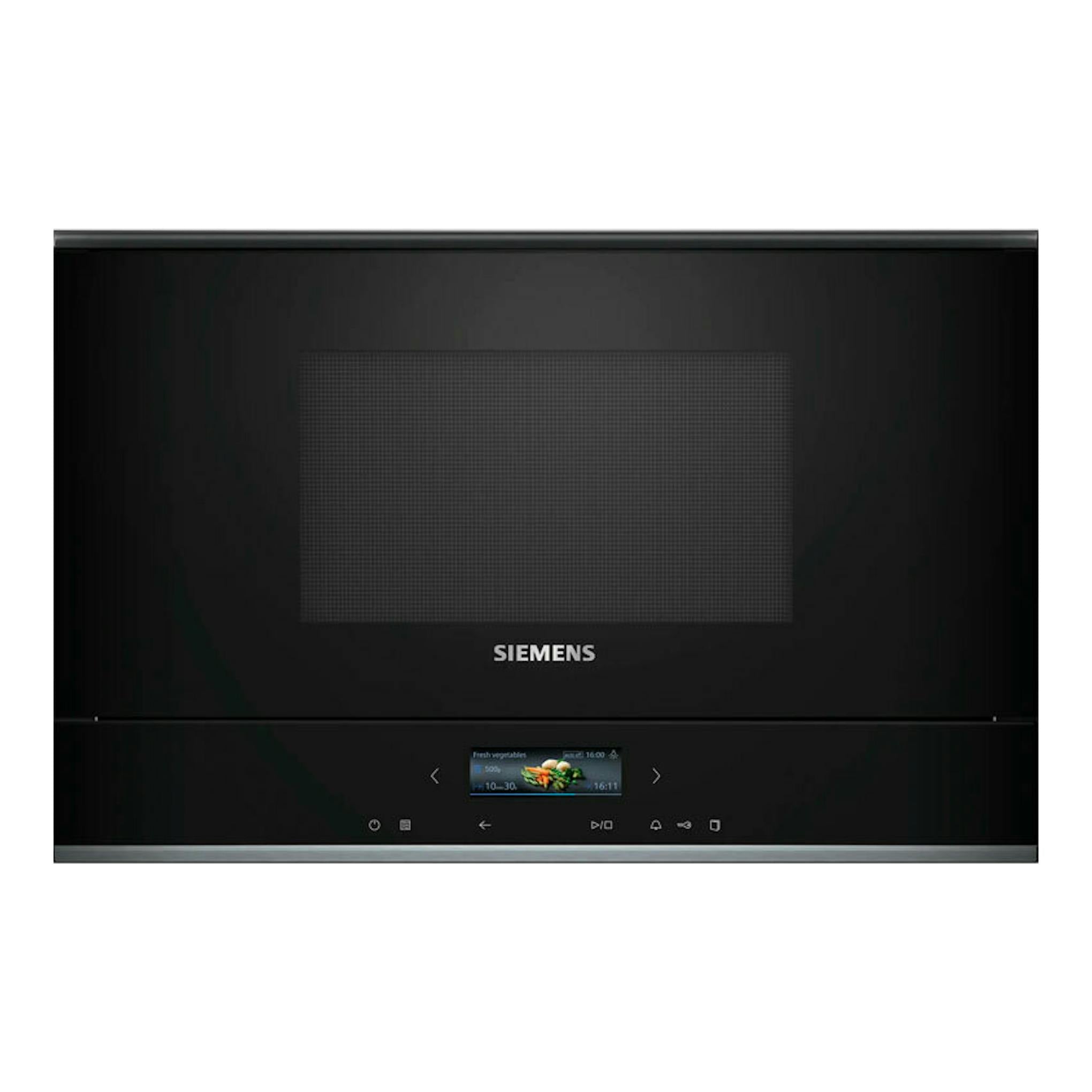 Microondas integrable Siemens BF722R1B1 negro, vista frontal con panel táctil y pantalla central.