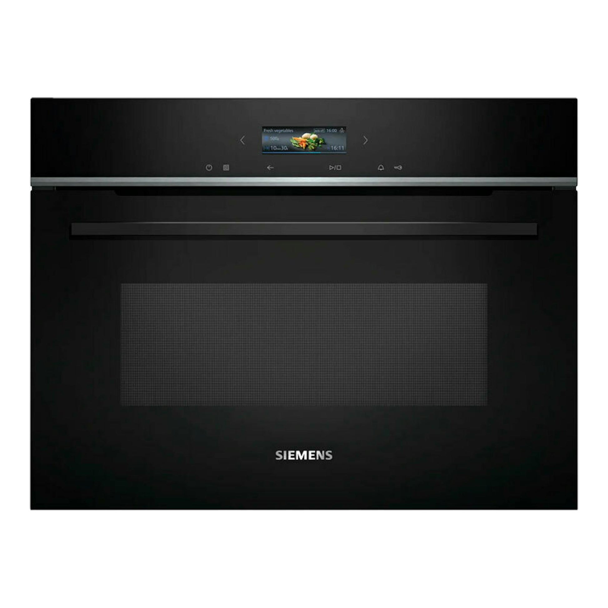 Microondas integrable Siemens CE732GXB1 negro, vista frontal, con pantalla y panel táctil.